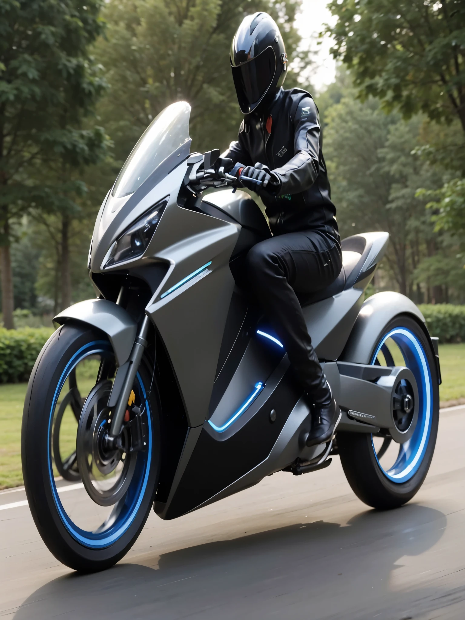 arafed man riding a motorcycle on a road with trees in the background, riding a futuristic motorcycle, futuristic suzuki, futuristic motorcycle, sitting on cyberpunk motorbike, futuristic vehicles, very futuristic, concept ar, futuristic vehicle, motorcycle, octane 2. 0 render, cycle render, futuristic, concept, trending on vehicle design, octane render ”, octane render”