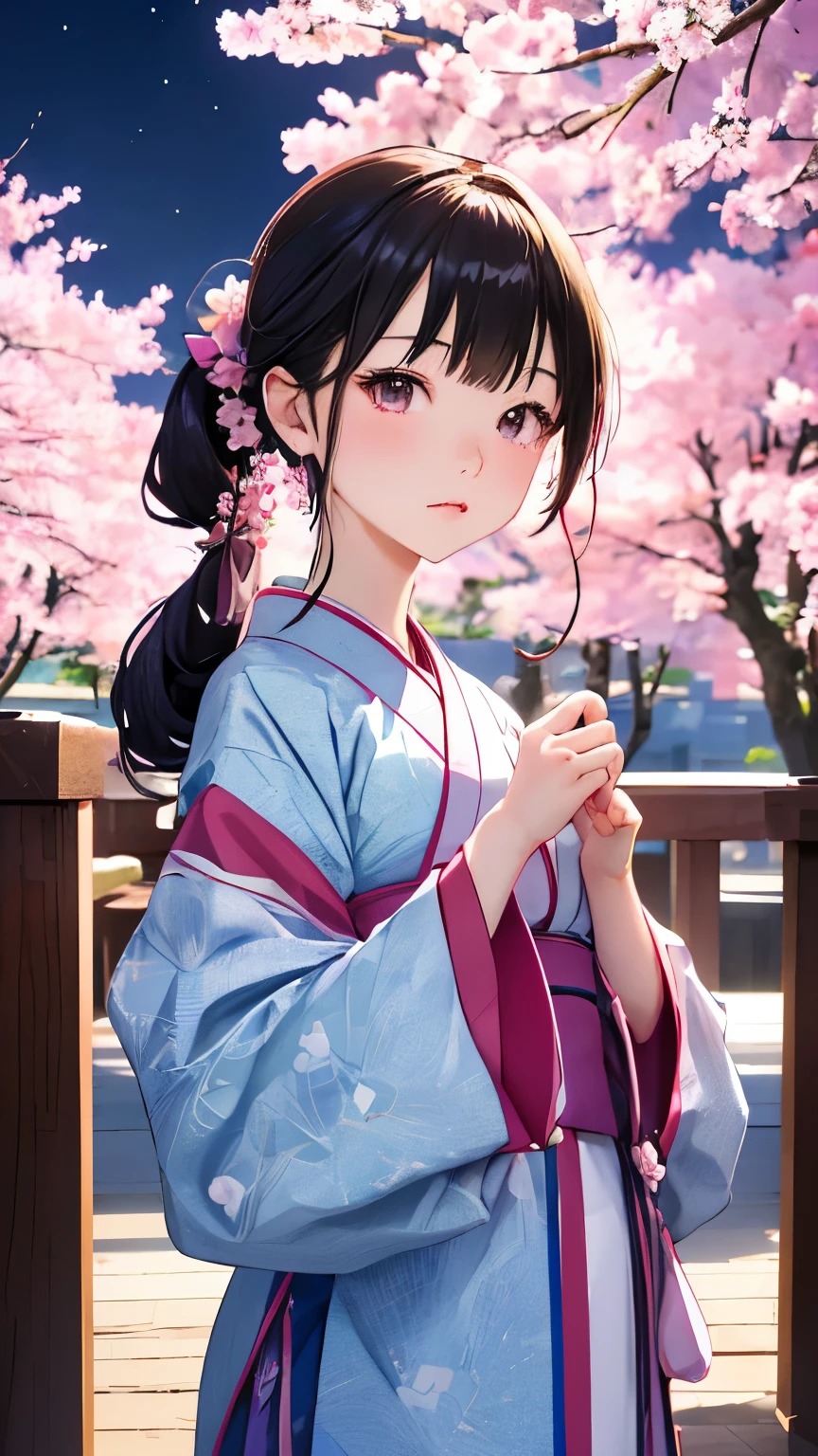 (((night time、moon明かり、palemoonが背景:1.3、pale、moon、night time)))、one girl、１６talent、anatomy、small face、small、small鼻、Pale pink eyes、Loosely braided low ponytail、brown hair、small breasts、beautiful kimono、yamato nadeshiko、random pose、Yoshino cherry tree、beautiful cherry blossoms、highest quality、High resolution、High resolution、cinematic lighting、professional photographer