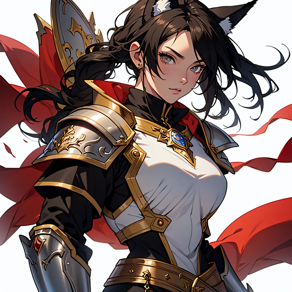 medieval anime art, masterpiece, best quality, by professional artist, female, solo, upper body portrait, detailed composition, detailed eyes, (((white background))), short black hair, fox ears, brown eyes, wearing plated fantasy armor