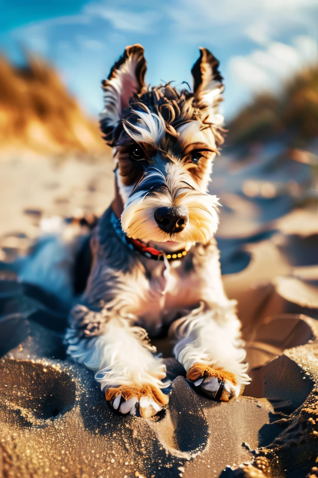 (best quality,4k,highres,masterpiece:1.2),(ultra-detailed,photo-realistic:1.37),(dog),(breed:schnauzer),(middle size),(salt and pepper colored hair),(at the beach),(sunny),(close-up),(sand,sea,blue sky),(sparkling water),(shiny nose),(curious expression),(wagging tail),(seagulls flying),(sun reflection on the water),(sunscreen),(ocean breeze),(sand between the paws),(waves crashing),(running on the shore),(splashing water),(sandy beach),(joyful atmosphere)