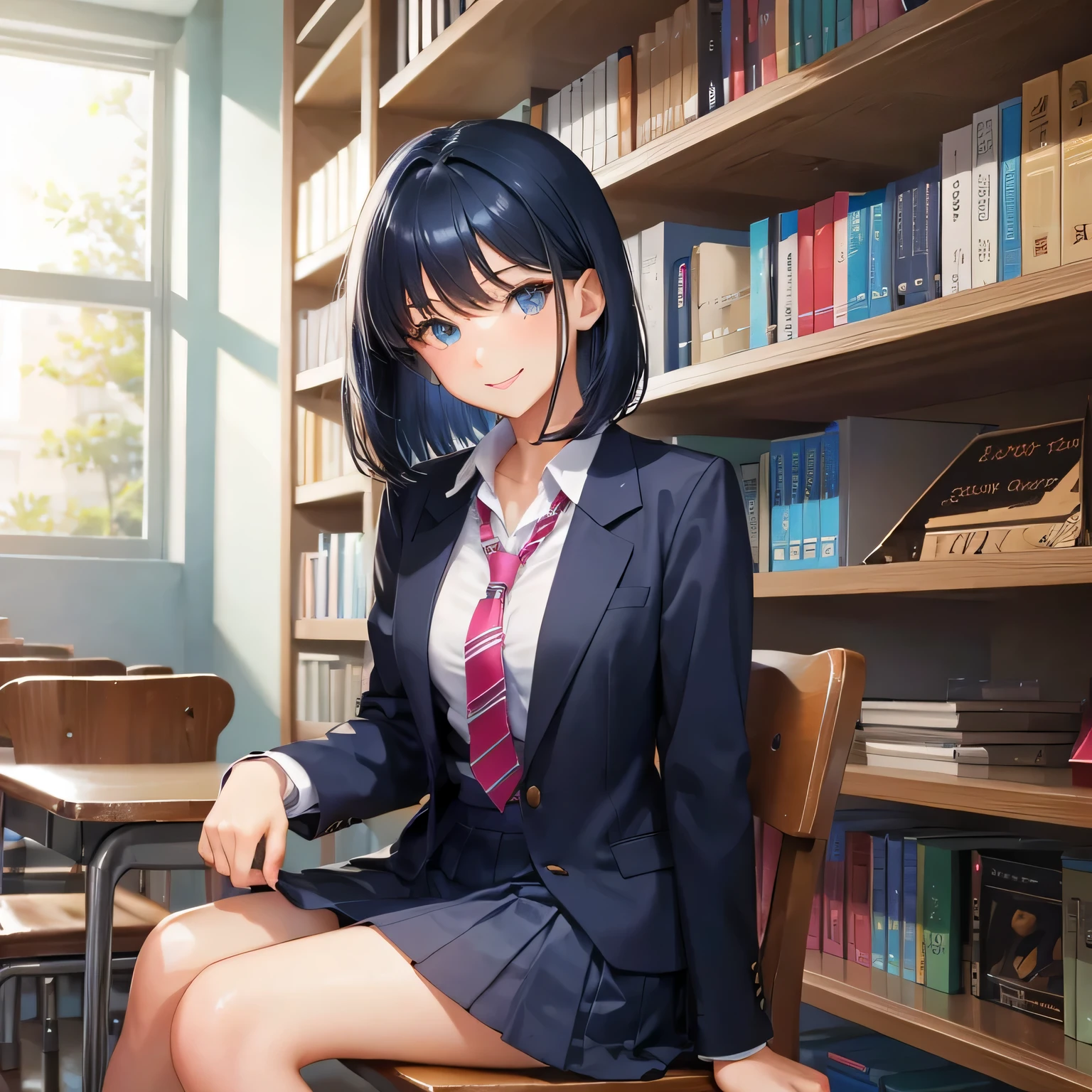 high school girl blazer tie bob hair dark blue hair color library smile gently sit on a chair leaning forward bookshelf