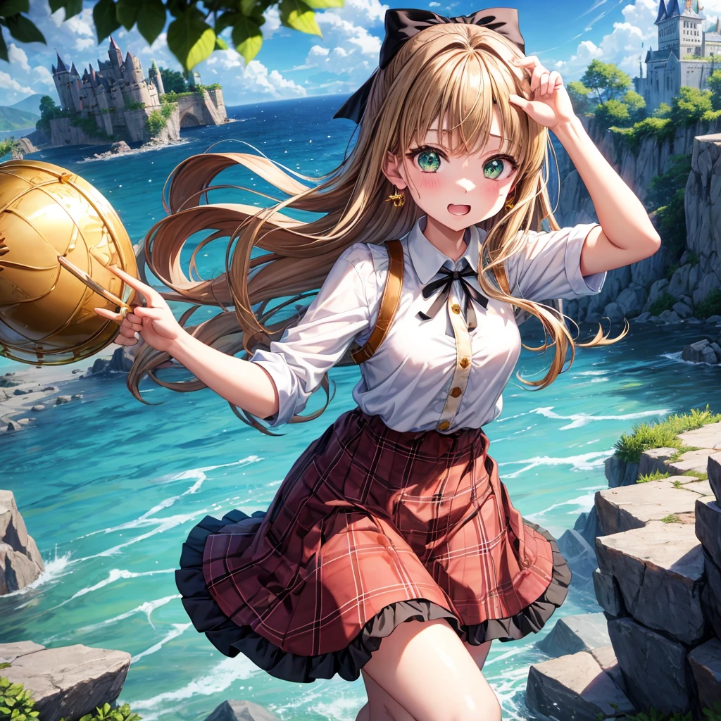 reddish-brown blonde、green eyes、one good looking girl、solo、anime、plaid mini skirt、the skirt has buttons、camisole、black t-shirt、dress、wearing a ribbon、ribbon at waist、cloak、hood、clouds are swirling、stone slabs are piled up、one hand raised、crystal earrings、sun、gold coins are falling、teeth are visible、splash of water、monster castle、have a world map、bow、Swing、ceiling、frying pan、graffiti