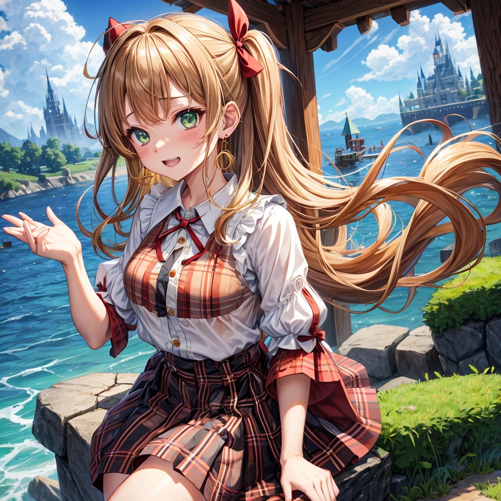 reddish-brown blonde、green eyes、one good looking girl、solo、anime、plaid mini skirt、the skirt has buttons、camisole、black t-shirt、dress、wearing a ribbon、ribbon at waist、cloak、hood、clouds are swirling、stone slabs are piled up、one hand raised、crystal earrings、sun、gold coins are falling、teeth are visible、splash of water、monster castle、have a world map、bow、Swing、ceiling、frying pan、graffiti