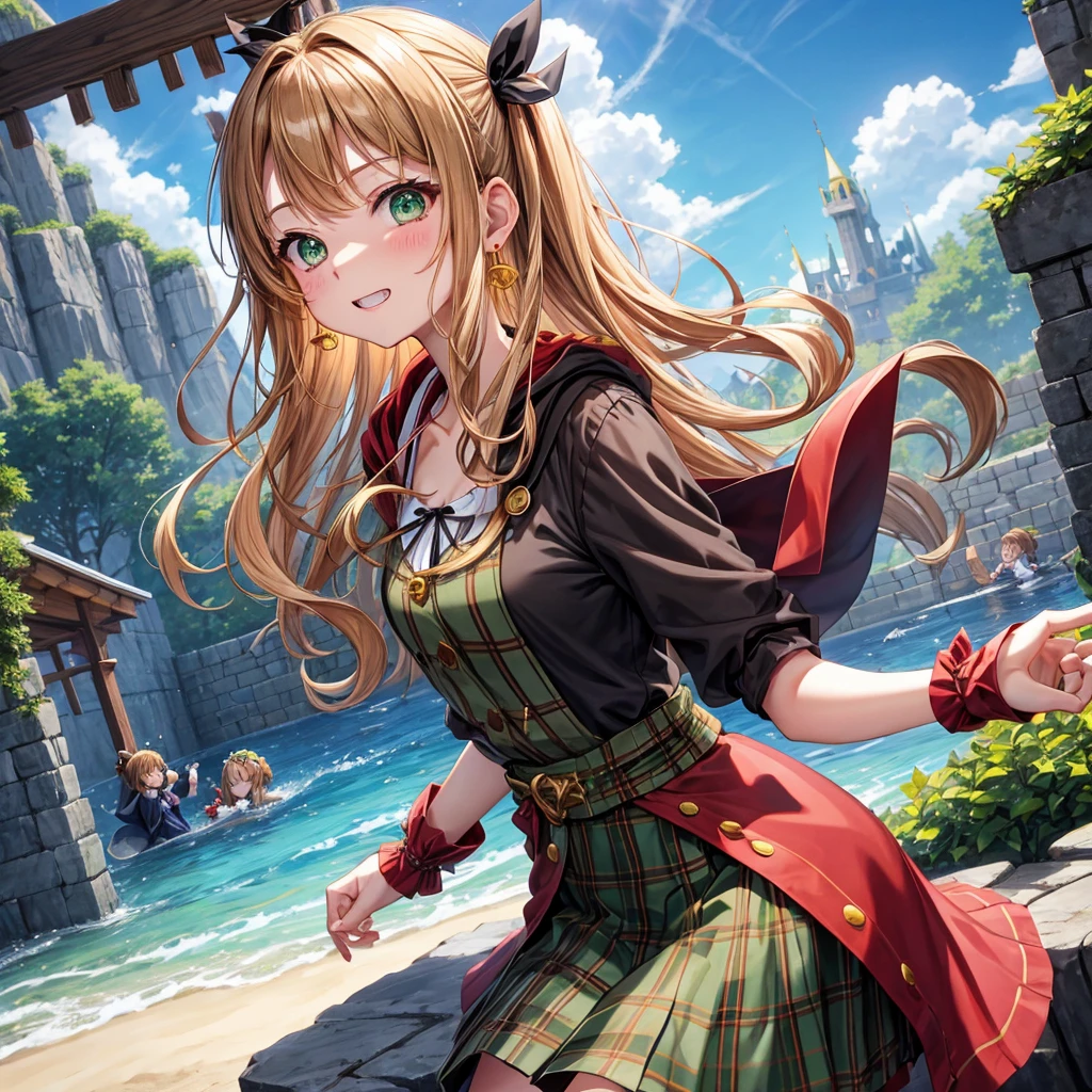 reddish-brown blonde、green eyes、one good looking girl、solo、anime、plaid mini skirt、the skirt has buttons、camisole、black t-shirt、dress、wearing a ribbon、ribbon at waist、cloak、hood、clouds are swirling、stone slabs are piled up、one hand raised、crystal earrings、sun、gold coins are falling、teeth are visible、splash of water、monster castle、have a world map、bow、Swing、ceiling、frying pan、graffiti
