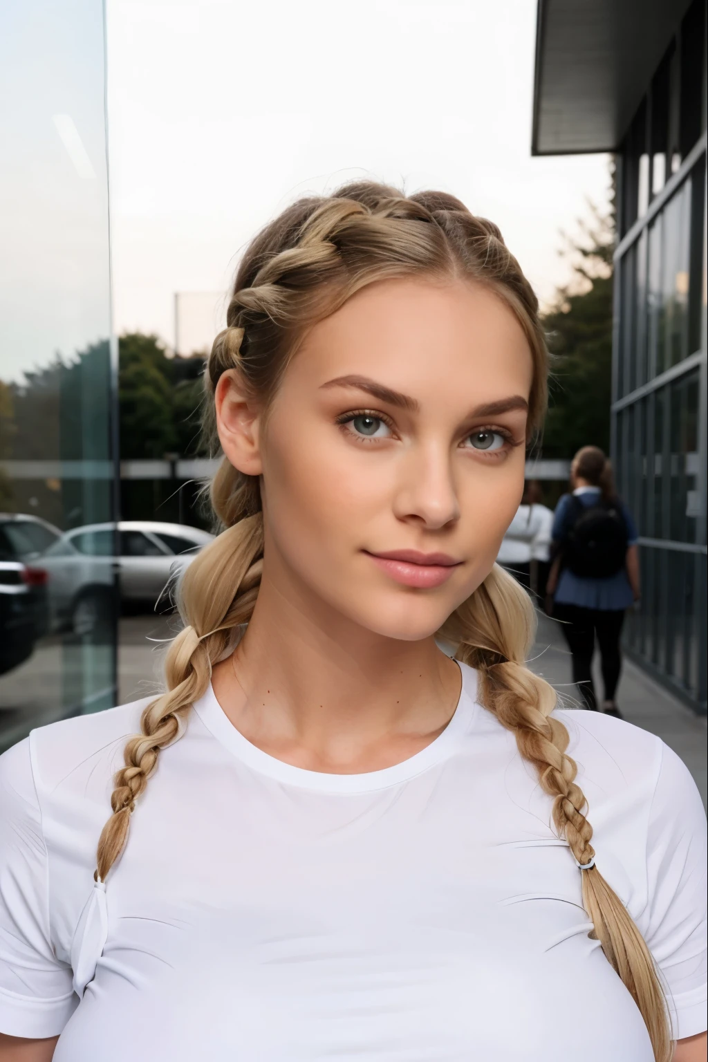 , big , a perfect body, im Regen total nass,dicke Thigs, Perfekt proportioniert, blond, sehr niedliches Gesicht, white open top, , Braids, Brille, (huge breasts)