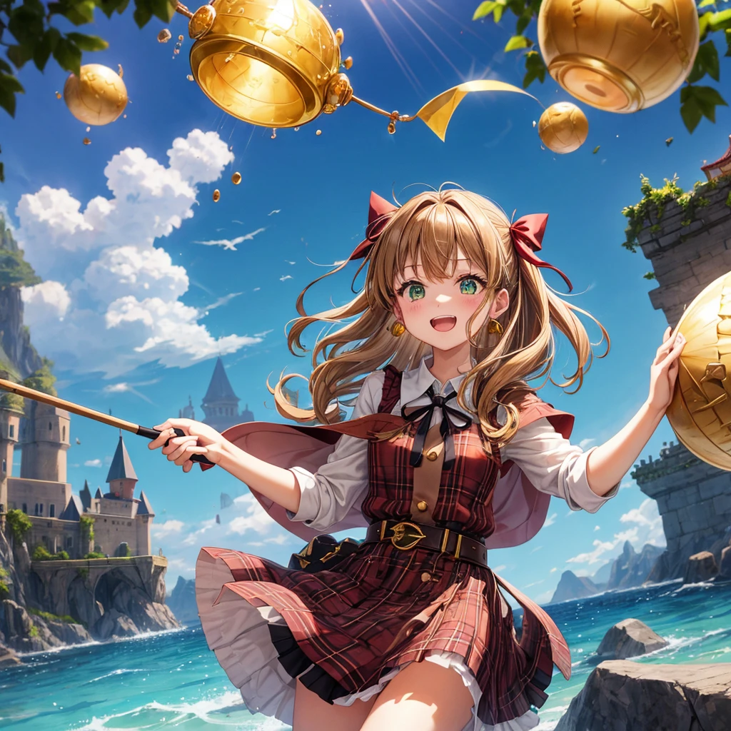 reddish-brown blonde、green eyes、one good looking girl、solo、anime、plaid mini skirt、the skirt has buttons、camisole、black t-shirt、dress、wearing a ribbon、ribbon at waist、cloak、hood、clouds are swirling、stone slabs are piled up、one hand raised、crystal earrings、sun、gold coins are falling、teeth are visible、splash of water、monster castle、have a world map、bow、Swing、ceiling、frying pan、graffiti