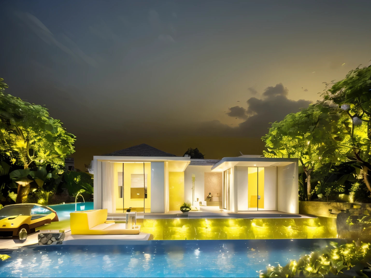 Modern villas, Yellow light in the house, There is a garden swimming pool