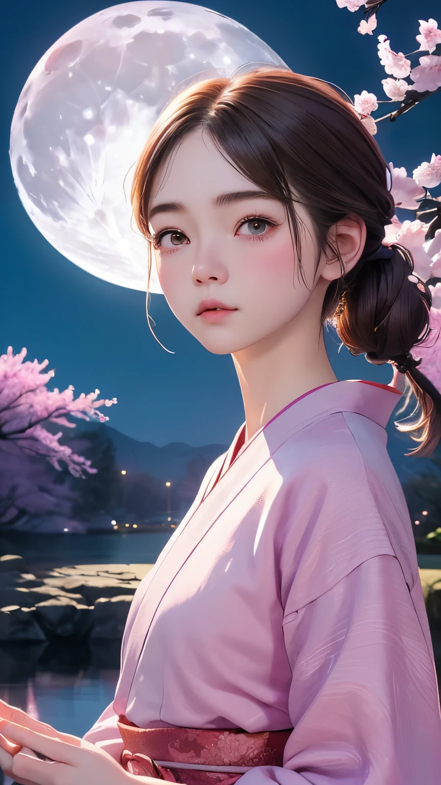 (((night time、moon明かり、palemoonが背景:1.3、pale、moon、night time)))、one girl、16talent、anatomy、small face、small、small鼻、Pale pink eyes、Loosely braided low ponytail、brown hair、small breasts、beautiful kimono、yamato nadeshiko、random pose、Yoshino cherry tree、beautiful cherry blossoms、highest quality、High resolution、High resolution、cinematic lighting、professional photographer