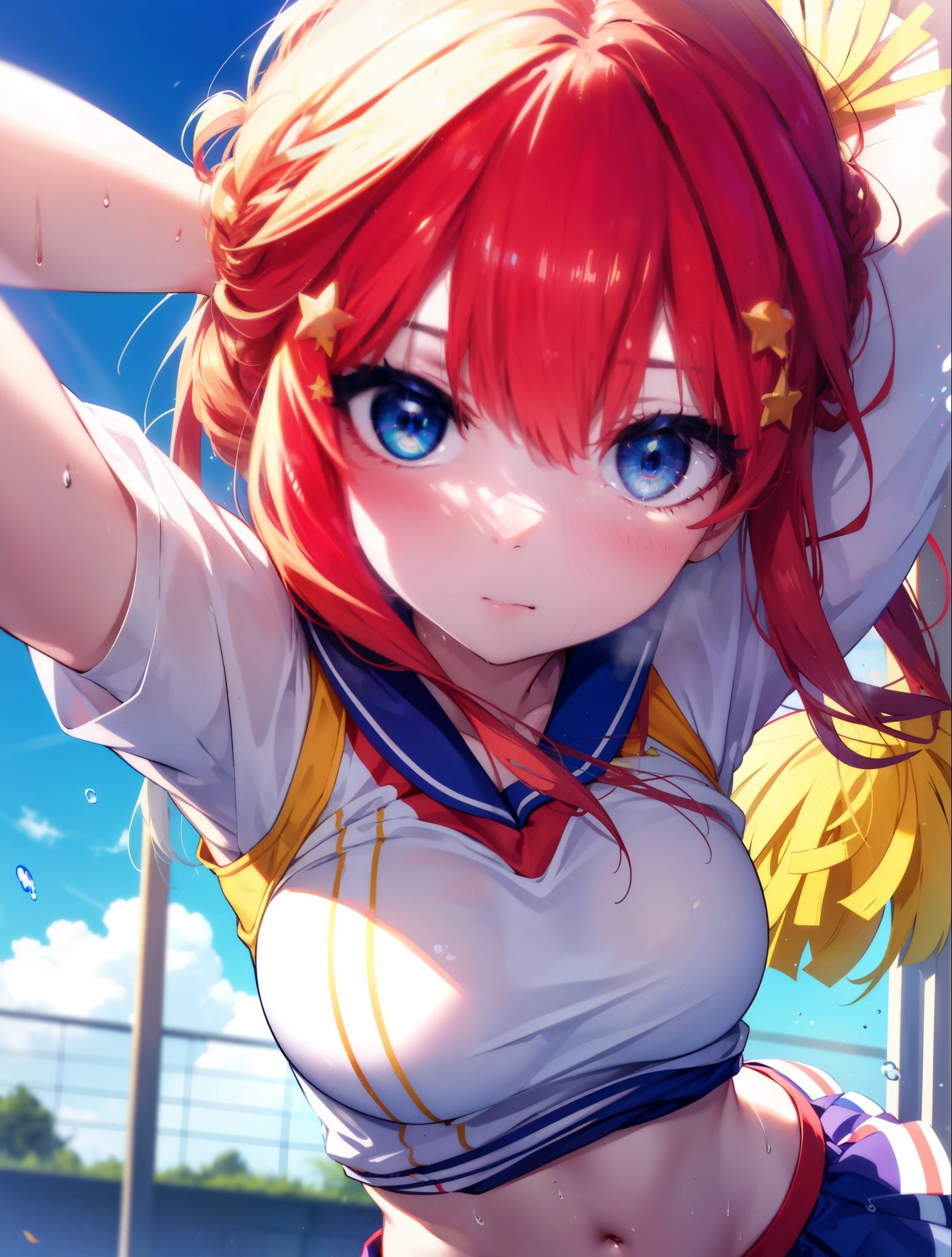 Satsuki Nakano, Itsuki Nakano, pom pomを両手で持っている,bangs, blue eyes, hair between eyes, Ahoge, redhead, star \(symbol\), hair ornaments, star hair ornaments,Braid,(Very delicate eyes), (Cheerleader), (whole body), big breasts, lower, (sweaty), sweaty Wet Clothes, (yellow clothes), , navel support, playground, (jump), (jump), 足を曲げてjumpする, air, blue sky, Grass原, 笑顔のCheerleader, pom pom \(Cheerleader\), Grass, 
break looking at viewer, 　　　　　　　　　　　break outdoors, arena,playground,
break (masterpiece:1.2), highest quality, High resolution, unity 8k wallpaper, (shape:0.8), (beautiful and detailed eyes:1.6), highly detailed face, perfect lighting, Very detailed CG, (perfect hands, perfect anatomy),