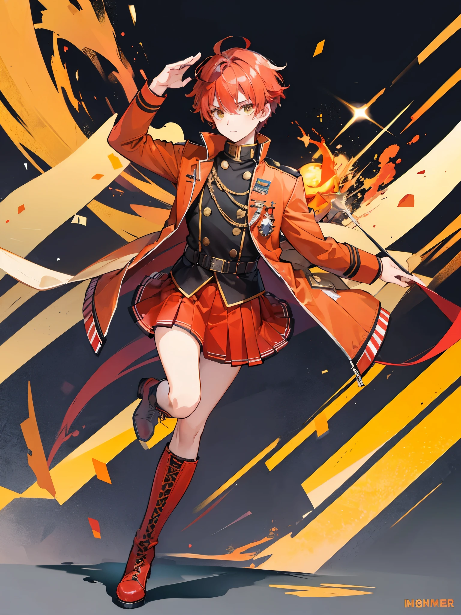 ((a boy)), iridescent red hair, amber yellow eyes, ((idol costume)), long boots, ((individual)), ((military jacket)), ((high quality)), ((skirt))
