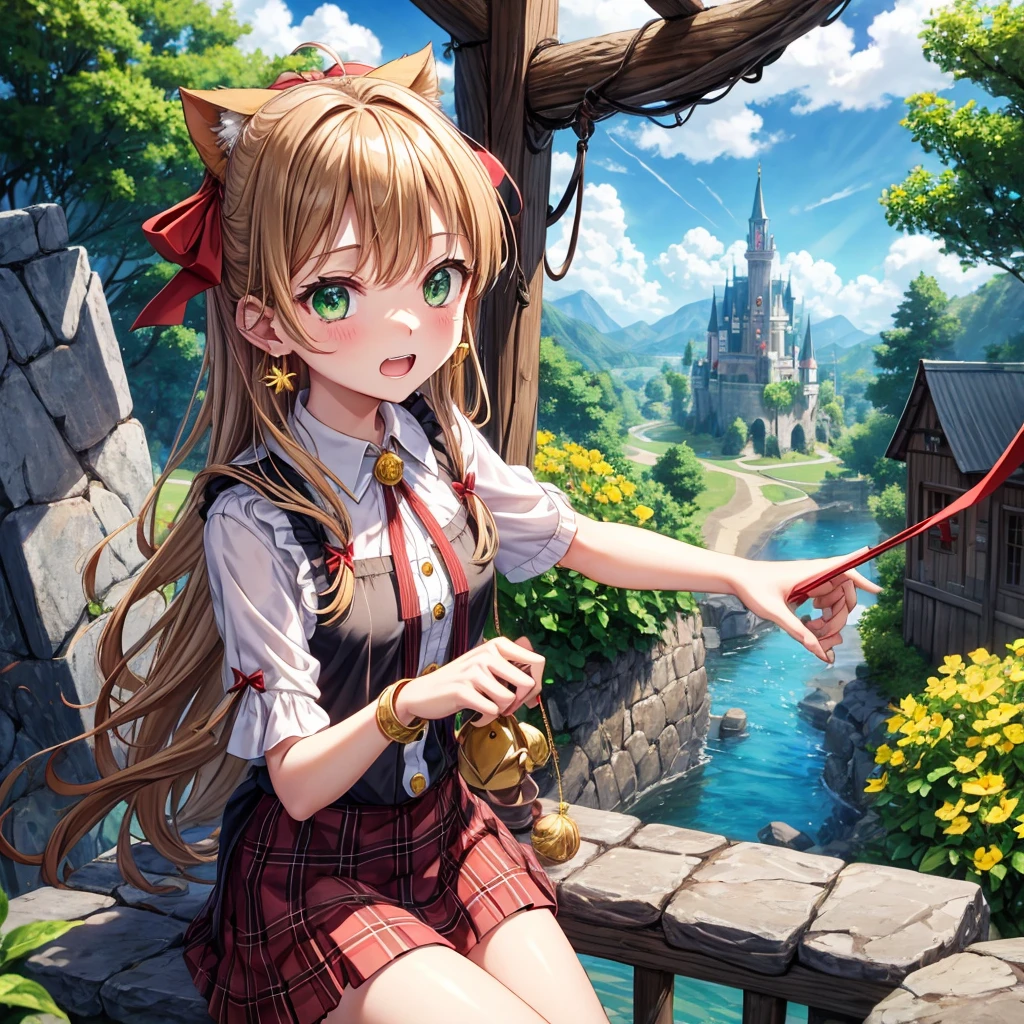 reddish-brown blonde、green eyes、one good looking girl、solo、anime、plaid mini skirt、the skirt has buttons、camisole、black t-shirt、dress、wearing a ribbon、ribbon at waist、cloak、hood、clouds are swirling、stone slabs are piled up、one hand raised、crystal earrings、sun、gold coins are falling、teeth are visible、splash of water、monster castle、have a world map、bow、Swing、ceiling、frying pan、graffiti、scarecrow