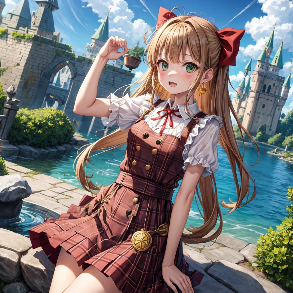 reddish-brown blonde、green eyes、one good looking girl、solo、anime、plaid mini skirt、the skirt has buttons、camisole、black t-shirt、dress、wearing a ribbon、ribbon at waist、cloak、hood、clouds are swirling、stone slabs are piled up、one hand raised、crystal earrings、sun、gold coins are falling、teeth are visible、splash of water、monster castle、have a world map、bow、Swing、ceiling、frying pan、graffiti、scarecrow