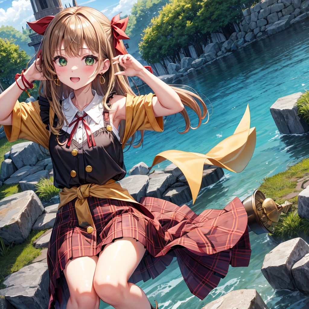 reddish-brown blonde、green eyes、one good looking girl、solo、anime、plaid mini skirt、the skirt has buttons、camisole、black t-shirt、dress、wearing a ribbon、ribbon at waist、cloak、hood、clouds are swirling、stone slabs are piled up、one hand raised、crystal earrings、sun、gold coins are falling、teeth are visible、splash of water、monster castle、have a world map、bow、Swing、ceiling、frying pan、graffiti、scarecrow