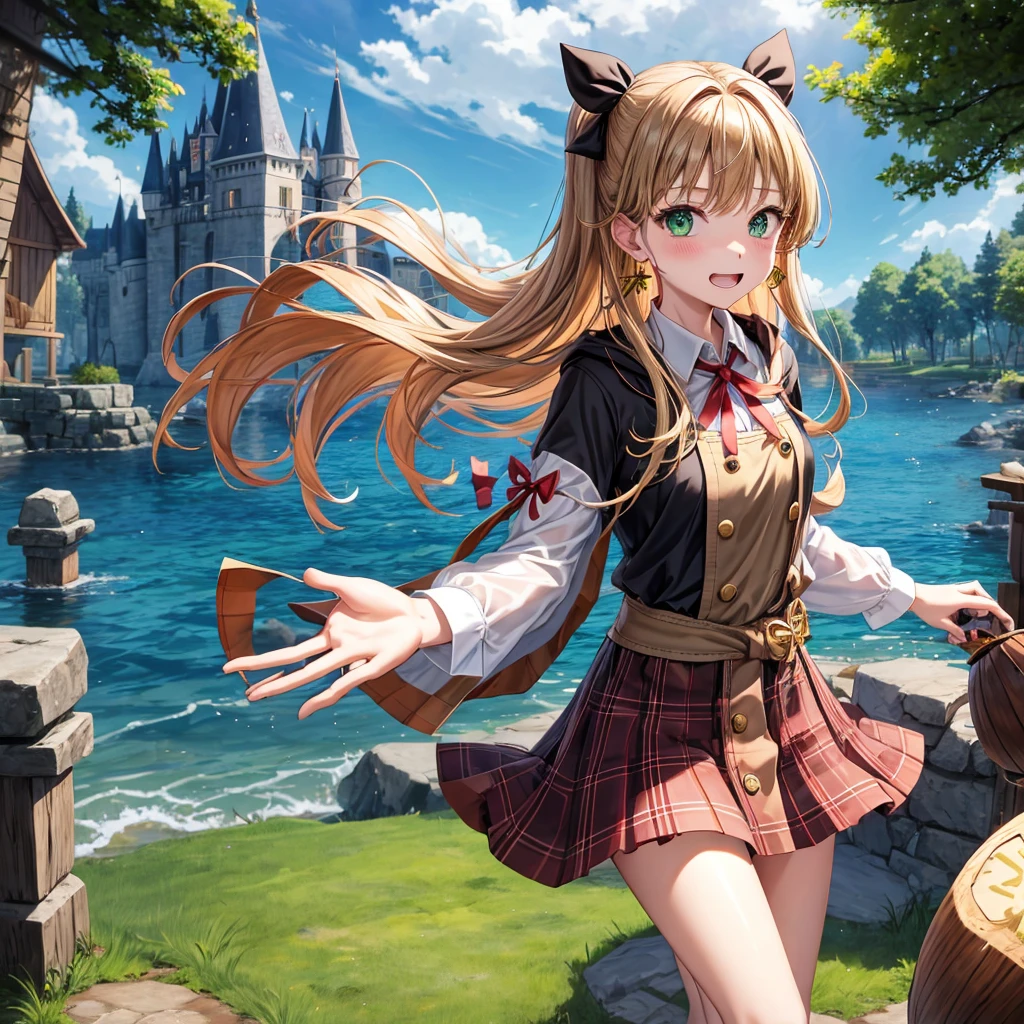 reddish-brown blonde、green eyes、one good looking girl、solo、anime、plaid mini skirt、the skirt has buttons、camisole、black t-shirt、dress、wearing a ribbon、ribbon at waist、cloak、hood、clouds are swirling、stone slabs are piled up、one hand raised、crystal earrings、sun、gold coins are falling、teeth are visible、splash of water、monster castle、have a world map、bow、Swing、ceiling、frying pan、graffiti、scarecrow
