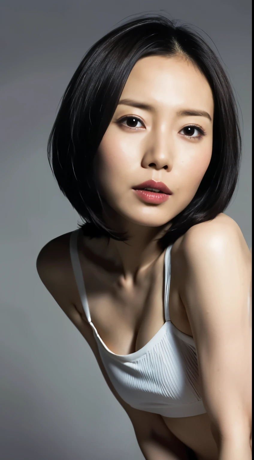 Japanese, short stature woman,  physique, short arm, long slit eyes, fleeting atmosphere, 30 year old female, brown bob hair, ((thin lips)), white top and bottom underwear, muste piece, best quality, detailed skin, detailed eyes, ,8K, good anatomy, upper body portrait