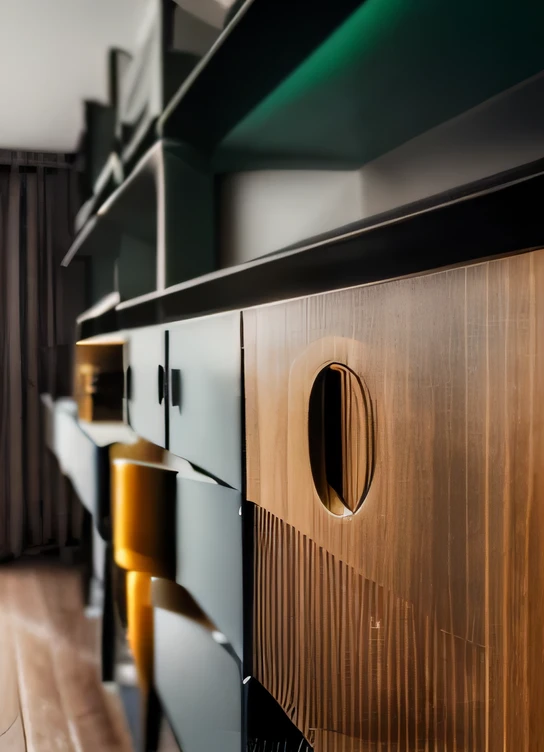 there is a close up of a wooden cabinet with a glass door, cabinet furniture, depth of field， Details blurred, high angle close up, wooden cabinet, Exquisite and smooth details, close up, Depth of detail, polishing，Visible wood grain, Delicate texture details, Perfect details, very sharp details, meticulous, custom-built, 真正的close up, modern details，You can see the side of the cabinet