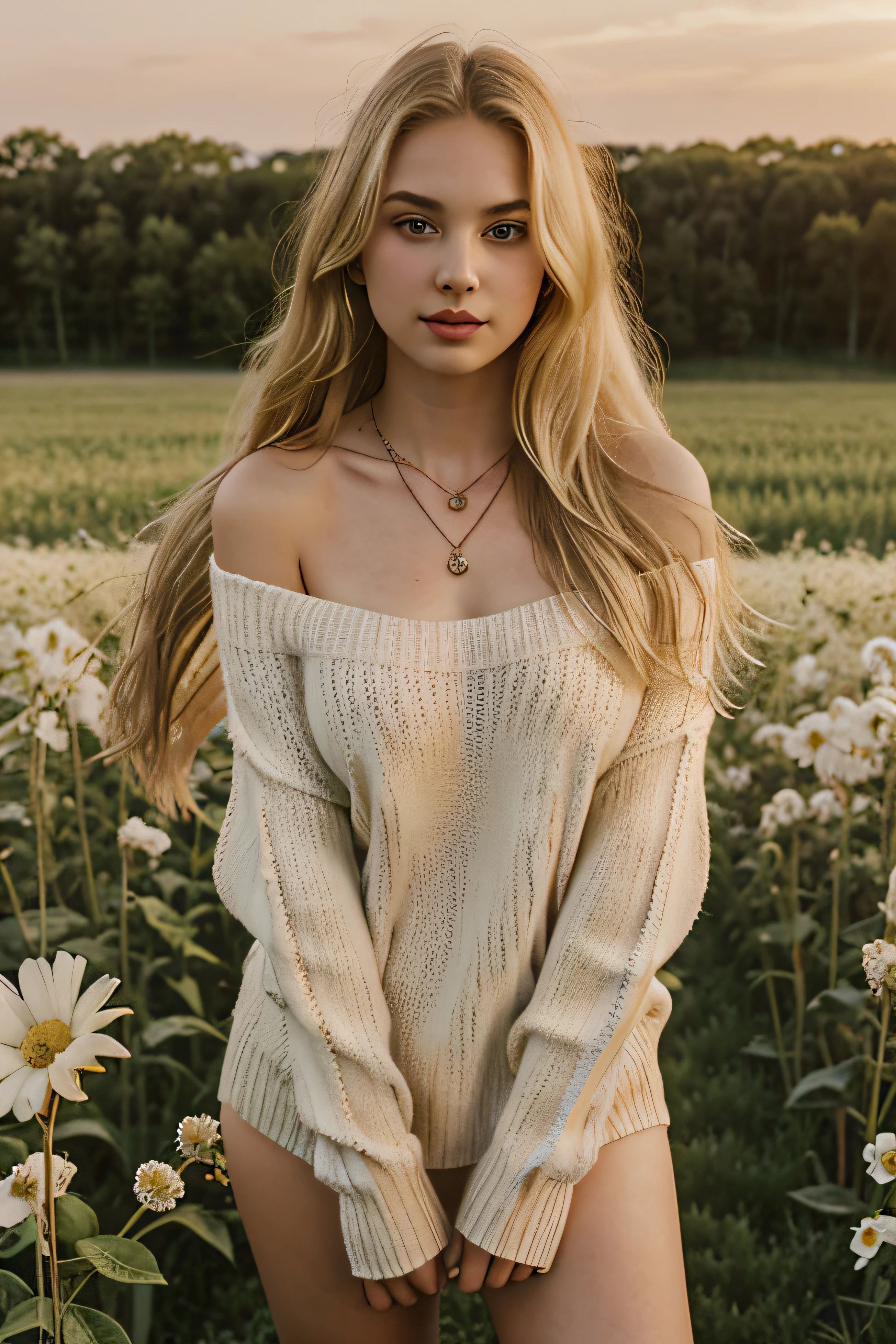 1 girl 18 years old, One, long hair, Breast, I look at the viewer, blonde hair, bare shoulders, Brown eyes, Jewelry, whole body, necklace, from the shoulder, sweater, lips, Realistic, nose, flirting with camera in flower field