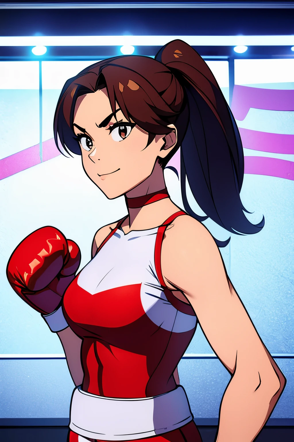 Chinese female boxer wearing boxing gloves，Wear a white camisole，sports Shorts，The right hand is wearing a red glove，Side back，smiley face