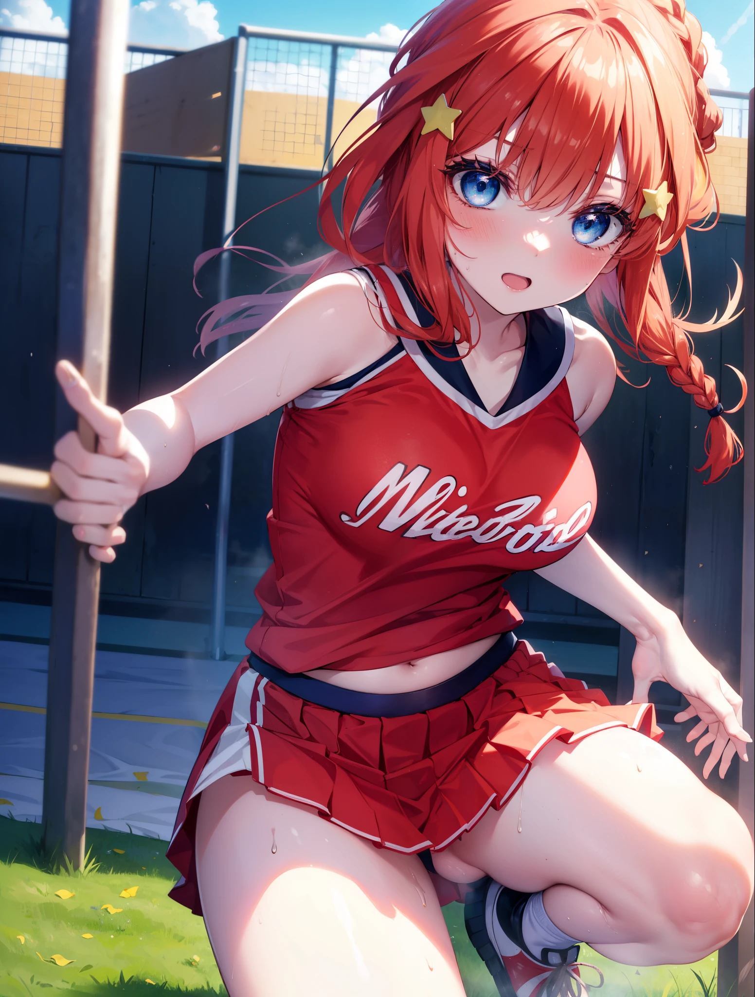 Satsuki Nakano, Itsuki Nakano, pom pomを両手で持っている,blush,open your mouth,smile,bangs, blue eyes, hair between eyes, Ahoge, redhead, star \(symbol\), hair ornaments, star hair ornaments,Braid,(Very delicate eyes), (Cheerleader), (whole body), big breasts, lower, (sweaty), sweaty Wet Clothes, (red clothes), , navel support, playground, (jump), (jump), 足を曲げてjumpする, air, blue sky, Grass原, smileのCheerleader, pom pom \(Cheerleader\), Grass,
break outdoors, arena,playground,
break (masterpiece:1.2), highest quality, High resolution, unity 8k wallpaper, (shape:0.8), (beautiful and detailed eyes:1.6), highly detailed face, perfect lighting, Very detailed CG, (perfect hands, perfect anatomy),