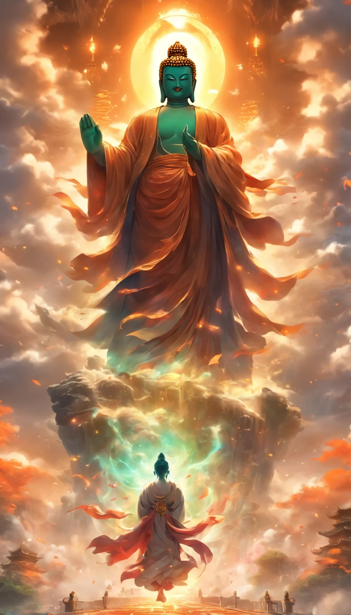 ((masterpiece))，(best quality))，Chinese style，in the universe, The huge Maitreya Buddha statue stands in the sky，Stare at the Earth，standing Buddha statue，Glowing light，Glow effect，pilgrims on the road，surreal，Super real photos，real photography，8k，HD，high quality，masterpiece，Super fine，Chinese black and white ink style，（（（White））），decolorization，soil，ink，8k，Super fine，high quality，（（（Overclocked renderer）））