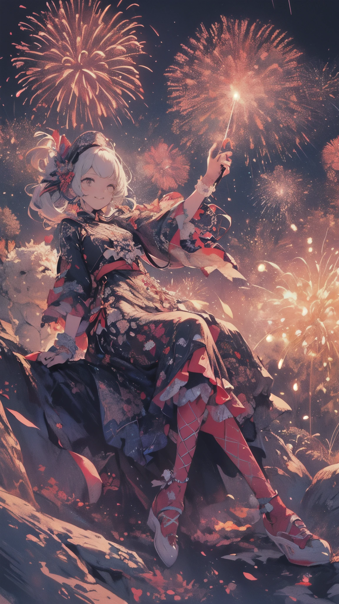 ((Fireworks Master)),Mainly composed of fireworks,Fireworks display beyond imagination,innocent smile、never seen、seven colors,(1 girl, alone:1.6),(cute smile),(The clothing is simple), (best impact:1.5), (maximalism:1.7), vivid contrast, (realistic), 超realisticイラスト, High resolution, super detailed, absurd,(fractal art:1.3)、random hairstyle、Random hair color colorful、full body shot、retro、accurate focus、random pose、cinema 4d、Drama、sitting and looking up at the fireworks、fireworks go off in the distance