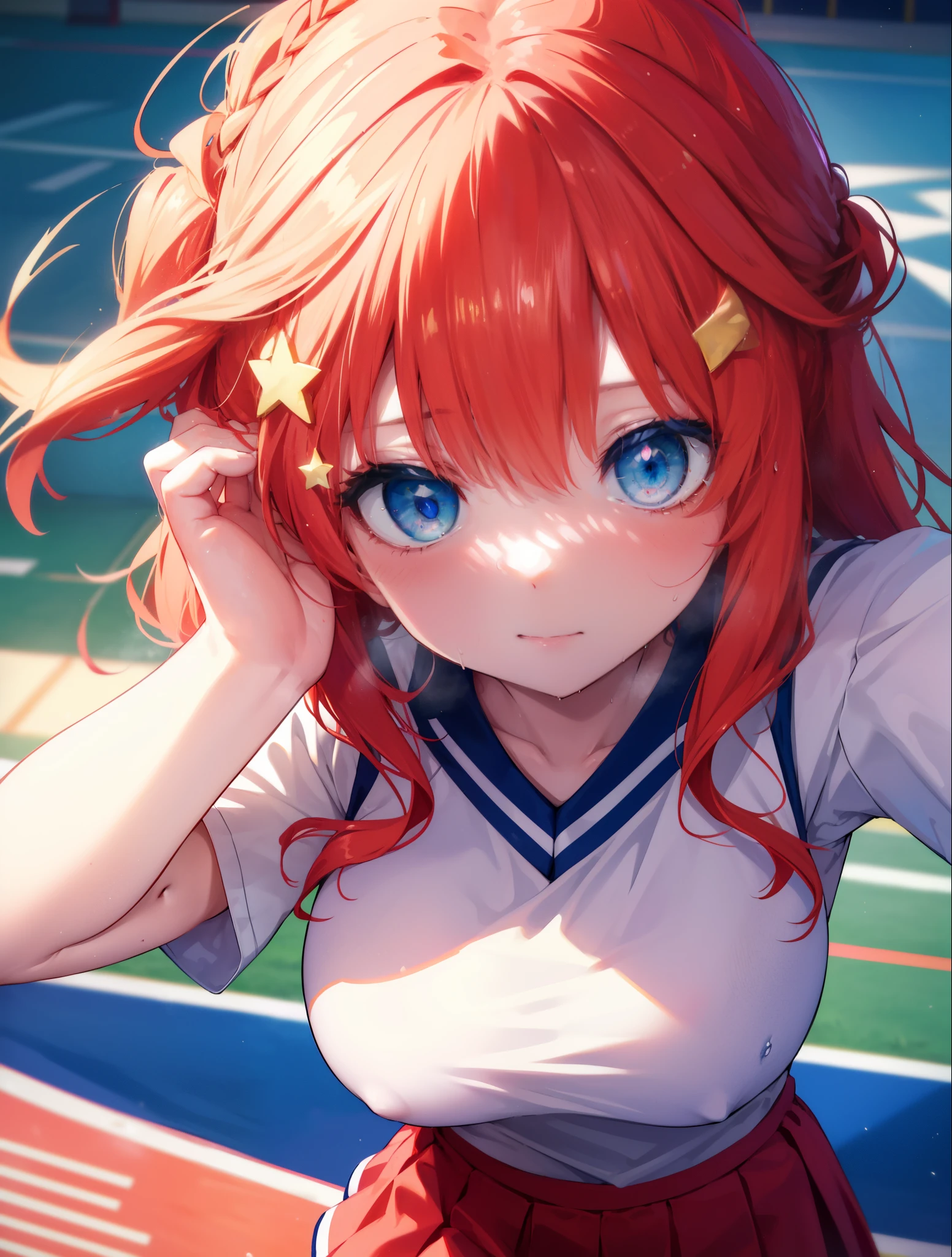 Satsuki Nakano, Itsuki Nakano, pom pomを両手で持っている,blush,open your mouth,smile,bangs, blue eyes, hair between eyes, Ahoge, redhead, star \(symbol\), hair ornaments, star hair ornaments,Braid,(Very delicate eyes), (Cheerleader), (whole body), big breasts, lower, (sweaty), sweaty Wet Clothes, (red clothes), , navel support, playground, (jump), (jump), 足を曲げてjumpする, air, blue sky, Grass原, smileのCheerleader, pom pom \(Cheerleader\), Grass,
break outdoors, arena,playground,
break (masterpiece:1.2), highest quality, High resolution, unity 8k wallpaper, (shape:0.8), (beautiful and detailed eyes:1.6), highly detailed face, perfect lighting, Very detailed CG, (perfect hands, perfect anatomy),