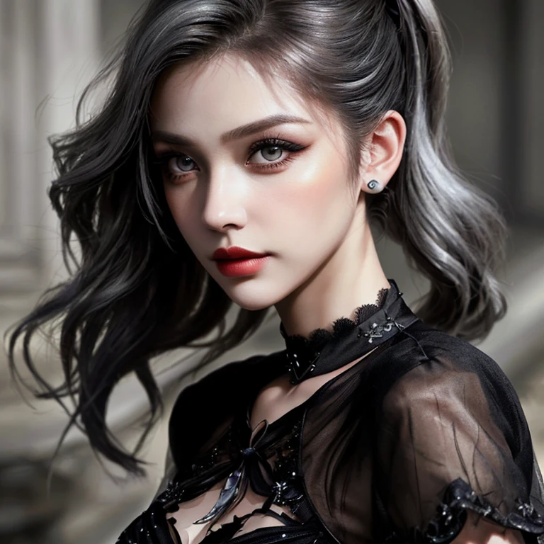 masterpiece, best quality, 1girl, solo, (natural skin texture, realistic eye and face details:1. 5), (dark:1. 4), deep shadow, extremely detailed lady, detailed eyes and face, pink lipstick, no black eyeliners, detailed goth clothing, ponytails, silver hair, Nikon d850 film, hyper-realistic, real-life texture, dramatic, lighting, unreal engine, (facial clarity:1. 5), (transparent clothes:1. 1) gothic style, black lace,
