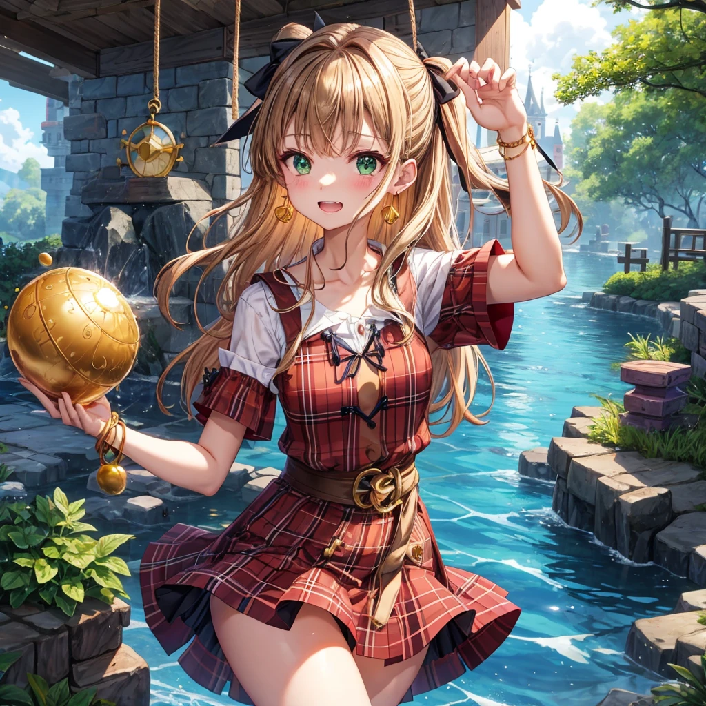 reddish-brown blonde、green eyes、one good looking girl、solo、anime、plaid mini skirt、the skirt has buttons、camisole、black t-shirt、dress、wearing a ribbon、ribbon at waist、cloak、hood、clouds are swirling、stone slabs are piled up、one hand raised、crystal earrings、sun、gold coins are falling、teeth are visible、splash of water、monster castle、have a world map、bow、Swing、ceiling、frying pan、graffiti、scarecrow
