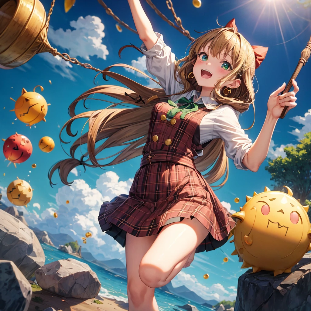 reddish-brown blonde、green eyes、one good looking girl、solo、anime、plaid mini skirt、the skirt has buttons、camisole、black t-shirt、dress、wearing a ribbon、ribbon at waist、cloak、hood、clouds are swirling、stone slabs are piled up、one hand raised、crystal earrings、sun、gold coins are falling、teeth are visible、splash of water、monster castle、have a world map、bow、Swing、ceiling、frying pan、graffiti、scarecrow