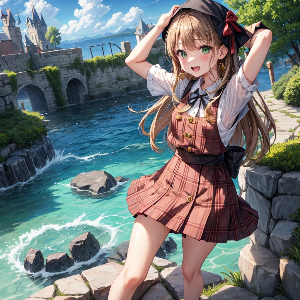 reddish-brown blonde、green eyes、one good looking girl、solo、anime、plaid mini skirt、the skirt has buttons、camisole、black t-shirt、dress、wearing a ribbon、ribbon at waist、cloak、hood、clouds are swirling、stone slabs are piled up、one hand raised、crystal earrings、sun、gold coins are falling、teeth are visible、splash of water、monster castle、have a world map、bow、Swing、ceiling、frying pan、graffiti、scarecrow