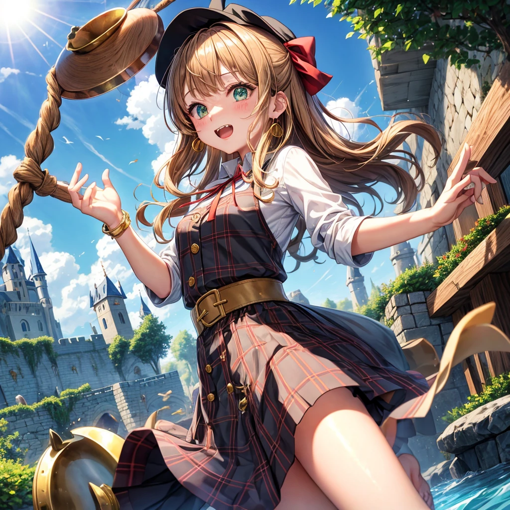 reddish-brown blonde、green eyes、one good looking girl、solo、anime、plaid mini skirt、the skirt has buttons、camisole、black t-shirt、dress、wearing a ribbon、ribbon at waist、cloak、hood、clouds are swirling、stone slabs are piled up、one hand raised、crystal earrings、sun、gold coins are falling、teeth are visible、splash of water、monster castle、have a world map、bow、Swing、ceiling、frying pan、graffiti、scarecrow