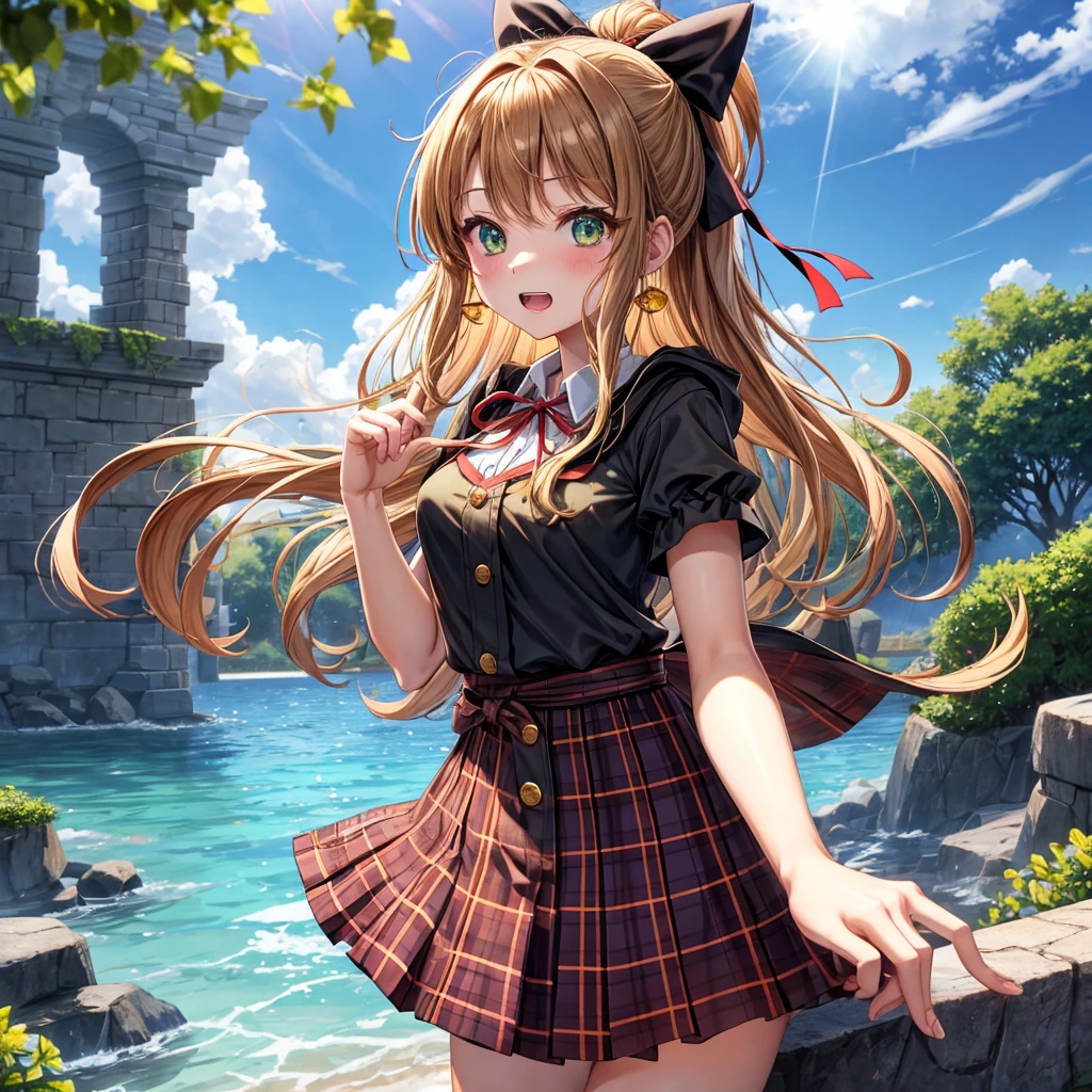 reddish-brown blonde、green eyes、one good looking girl、solo、anime、plaid mini skirt、the skirt has buttons、camisole、black t-shirt、dress、wearing a ribbon、ribbon at waist、cloak、hood、clouds are swirling、stone slabs are piled up、one hand raised、crystal earrings、sun、gold coins are falling、teeth are visible、splash of water、monster castle、have a world map、bow、Swing、ceiling、frying pan、graffiti、scarecrow