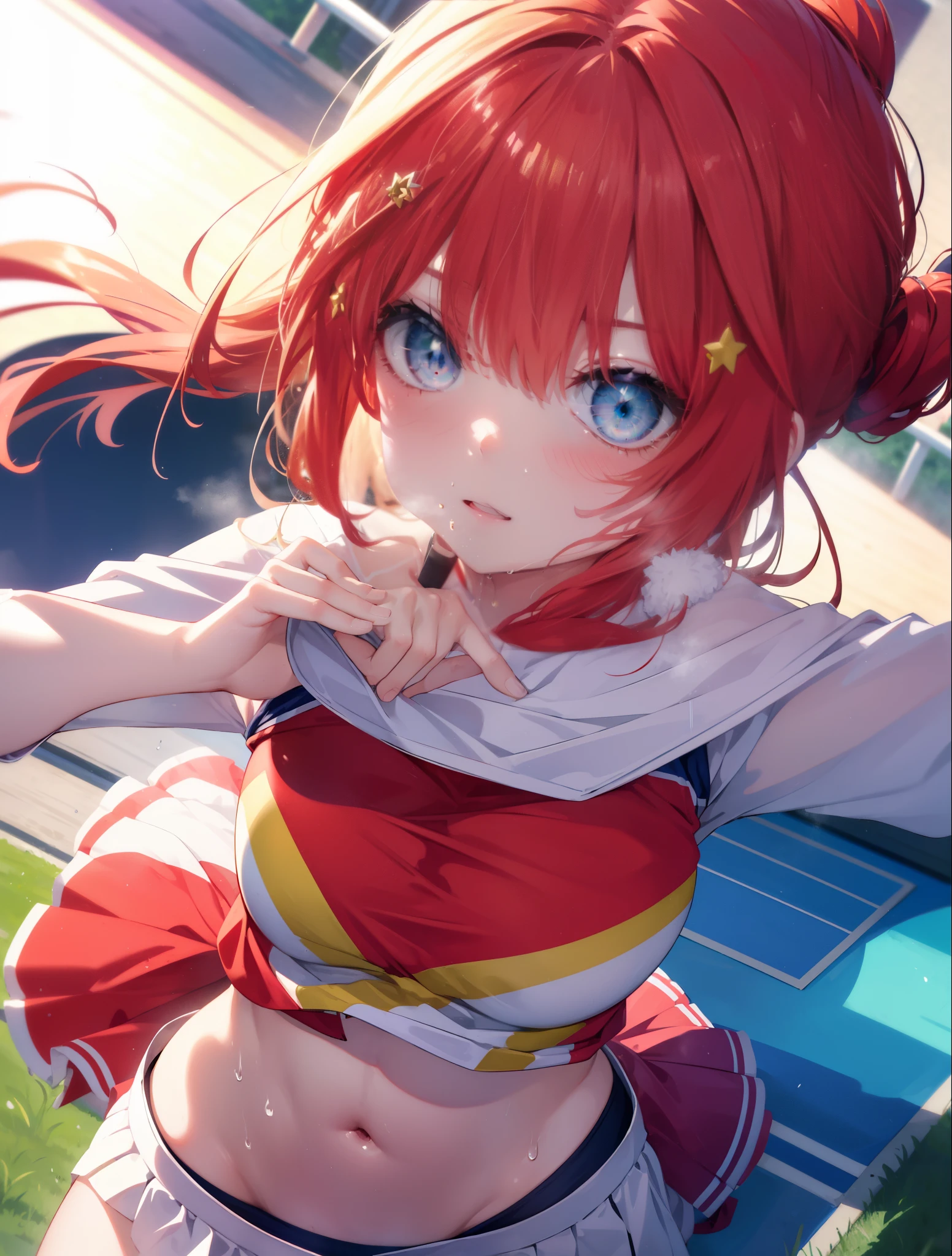 Satsuki Nakano, Itsuki Nakano, pom pomを両手で持っている,blush,open your mouth,smile,bangs, blue eyes, hair between eyes, Ahoge, redhead, star \(symbol\), hair ornaments, star hair ornaments,Braid,(Very delicate eyes), (Cheerleader), (whole body), big breasts, lower, (sweaty), sweaty Wet Clothes, (red clothes), , navel support, playground, (jump), (jump), 足を曲げてjumpする, air, blue sky, Grass原, smileのCheerleader, pom pom \(Cheerleader\), Grass,
break outdoors, arena,playground,
break (masterpiece:1.2), highest quality, High resolution, unity 8k wallpaper, (shape:0.8), (beautiful and detailed eyes:1.6), highly detailed face, perfect lighting, Very detailed CG, (perfect hands, perfect anatomy),