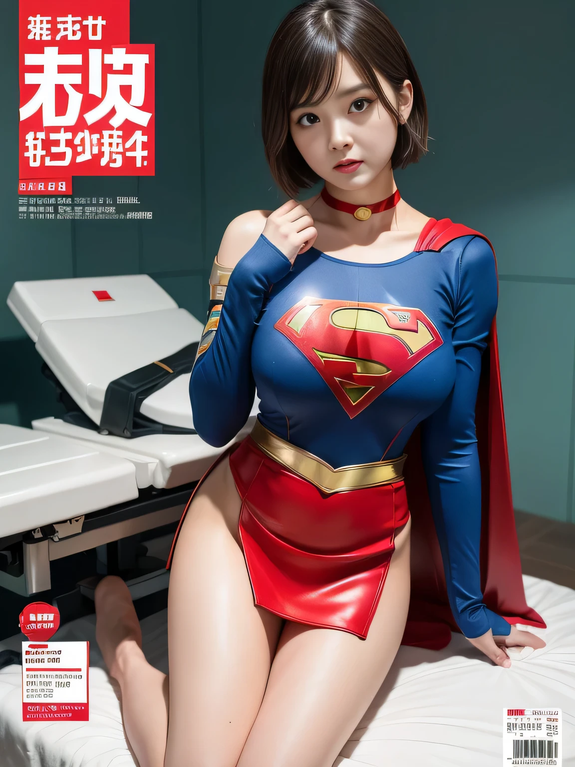 masterpiece,supergirl costume, short hair, barefoot, big and full breasts,operating room、operating table、straddle、damaged、shiny、look at the camera、provocation、Estrus、choker、Weekly magazine cover、long sleeve、red mini skirt、obscene pose、Seduce