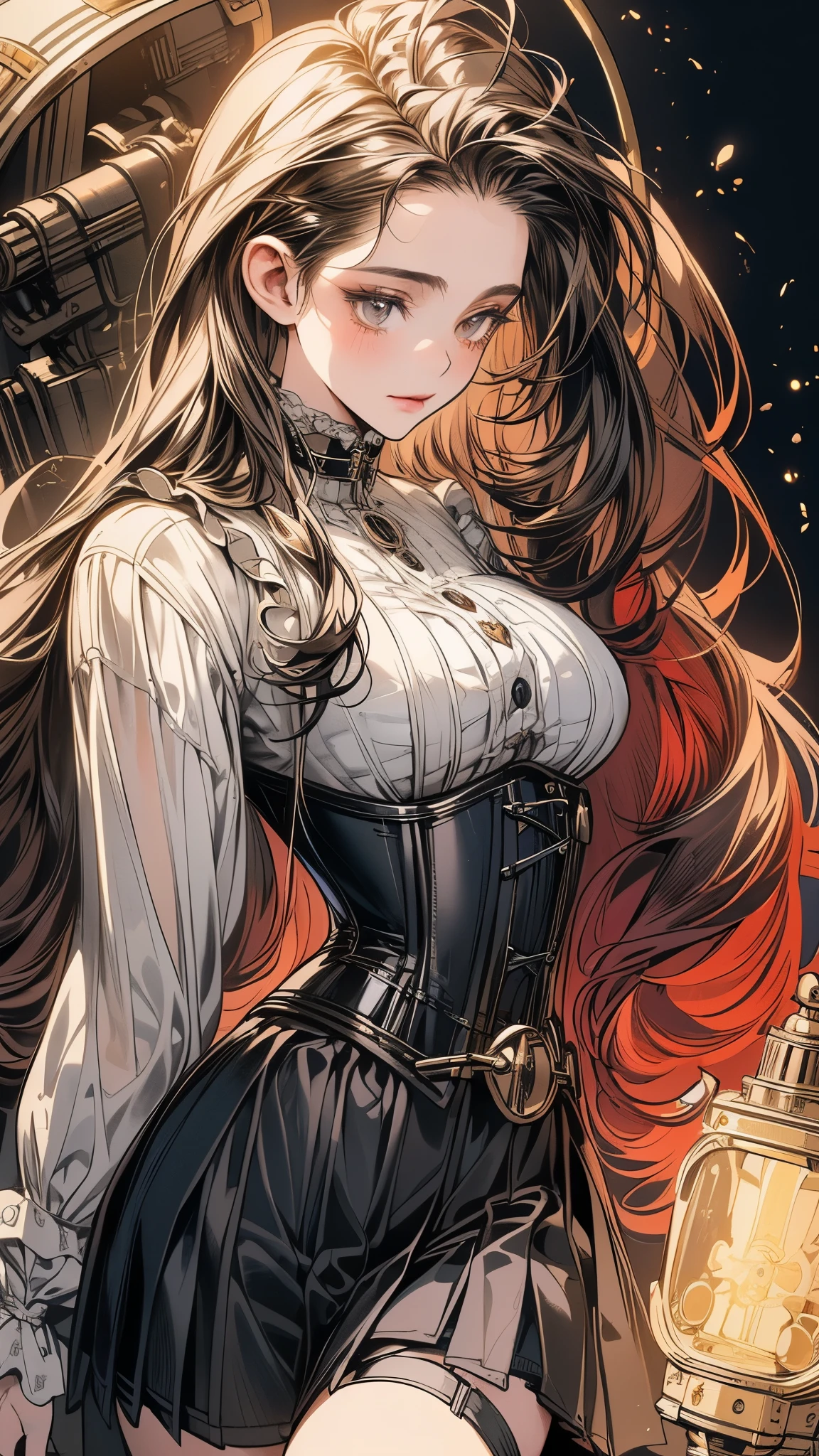 (((masterpiece)))、((highest quality))、(super detailed)、(CG illustration)、(so beautiful ))、cinematic light、(((1 Mechanical Girl)))、 SF、Apocalypse、erotic grotesque、(beautiful and luxurious:1.2)、(1 girl:1.3)、facing the front, (double breasted,under bust:1.2), button gap,(((corset belt))),(((high waist mini skirt,)))