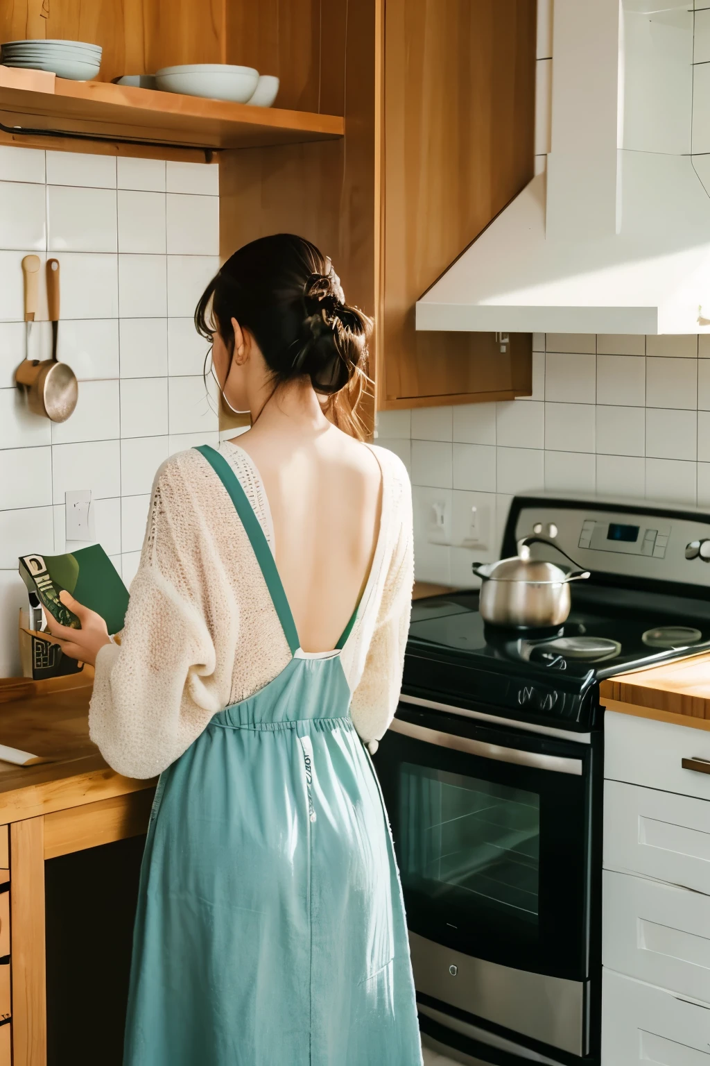 Please create realistic images so that you can only see the back of the head of an attractive woman wearing neat clothes and reading a recipe book in a neat kitchen.