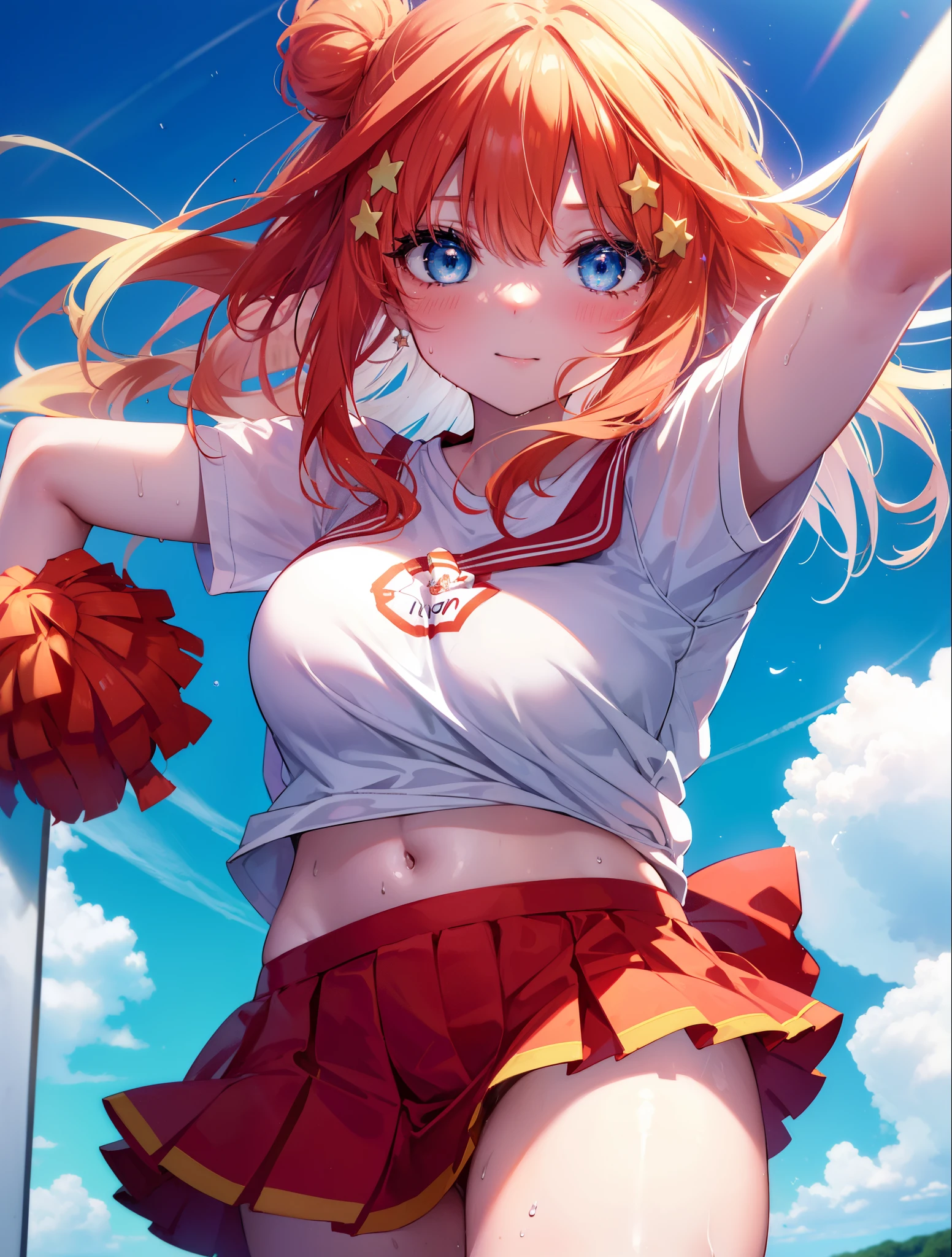Satsuki Nakano, Itsuki Nakano, pom pomを両手で持っている,blush,open your mouth,smile,bangs, blue eyes, hair between eyes, Ahoge, redhead, star \(symbol\), hair ornaments, star hair ornaments,Braid,(Very delicate eyes), (Cheerleader), (whole body), big breasts, lower, (sweaty), sweaty Wet Clothes, (red clothes), , navel support, playground, (jump), (jump), 足を曲げてjumpする, air, blue sky, Grass原, smileのCheerleader, pom pom \(Cheerleader\), Grass,
break outdoors, arena,playground,
break (masterpiece:1.2), highest quality, High resolution, unity 8k wallpaper, (shape:0.8), (beautiful and detailed eyes:1.6), highly detailed face, perfect lighting, Very detailed CG, (perfect hands, perfect anatomy),
