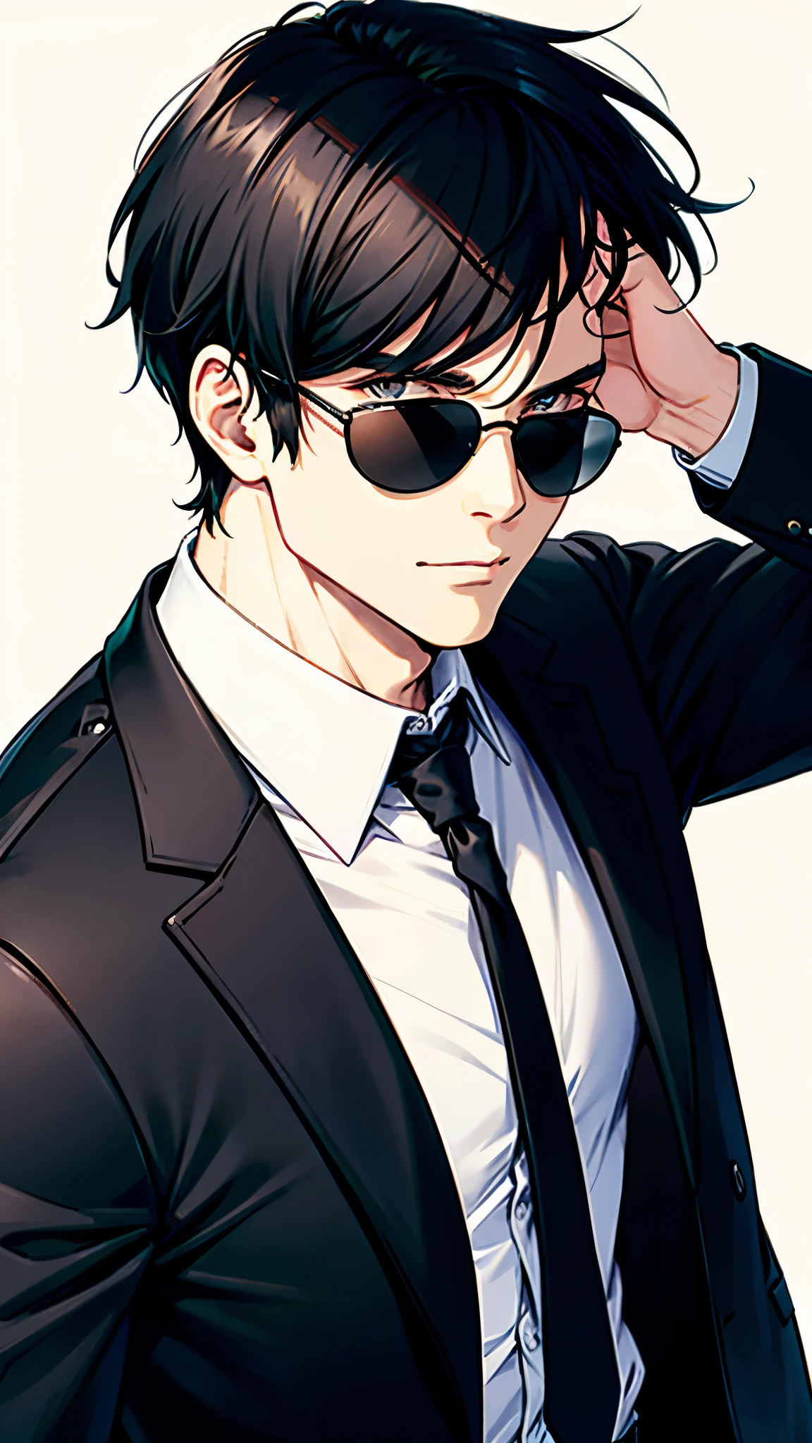 bodyguard,mature male,Wear sunglasses,black suit,Dark blue short hair,blank background