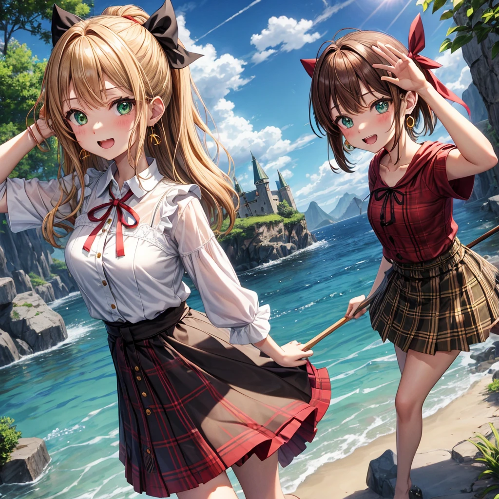 reddish-brown blonde、green eyes、one good looking girl、solo、anime、plaid mini skirt、the skirt has buttons、camisole、black t-shirt、dress、wearing a ribbon、ribbon at waist、cloak、hood、clouds are swirling、stone slabs are piled up、one hand raised、crystal earrings、sun、gold coins are falling、teeth are visible、splash of water、monster castle、have a world map、bow、Swing、ceiling、frying pan、graffiti、scarecrow
