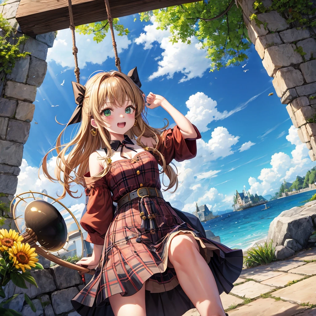reddish-brown blonde、green eyes、one good looking girl、solo、anime、plaid mini skirt、the skirt has buttons、camisole、black t-shirt、dress、wearing a ribbon、ribbon at waist、cloak、hood、clouds are swirling、stone slabs are piled up、one hand raised、crystal earrings、sun、gold coins are falling、teeth are visible、splash of water、monster castle、have a world map、bow、Swing、ceiling、frying pan、graffiti、scarecrow