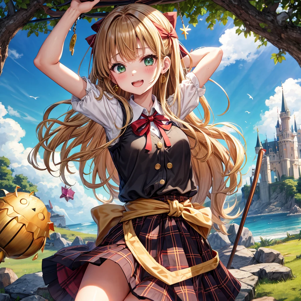 reddish-brown blonde、green eyes、one good looking girl、solo、anime、plaid mini skirt、the skirt has buttons、camisole、black t-shirt、dress、wearing a ribbon、ribbon at waist、cloak、hood、clouds are swirling、stone slabs are piled up、one hand raised、crystal earrings、sun、gold coins are falling、teeth are visible、splash of water、monster castle、have a world map、bow、Swing、ceiling、frying pan、graffiti、scarecrow