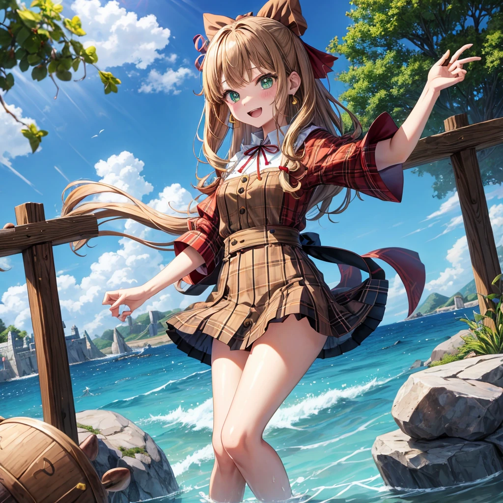reddish-brown blonde、green eyes、one good looking girl、solo、anime、plaid mini skirt、the skirt has buttons、camisole、black t-shirt、dress、wearing a ribbon、ribbon at waist、cloak、hood、clouds are swirling、stone slabs are piled up、one hand raised、crystal earrings、sun、gold coins are falling、teeth are visible、splash of water、monster castle、have a world map、bow、Swing、ceiling、frying pan、graffiti、scarecrow