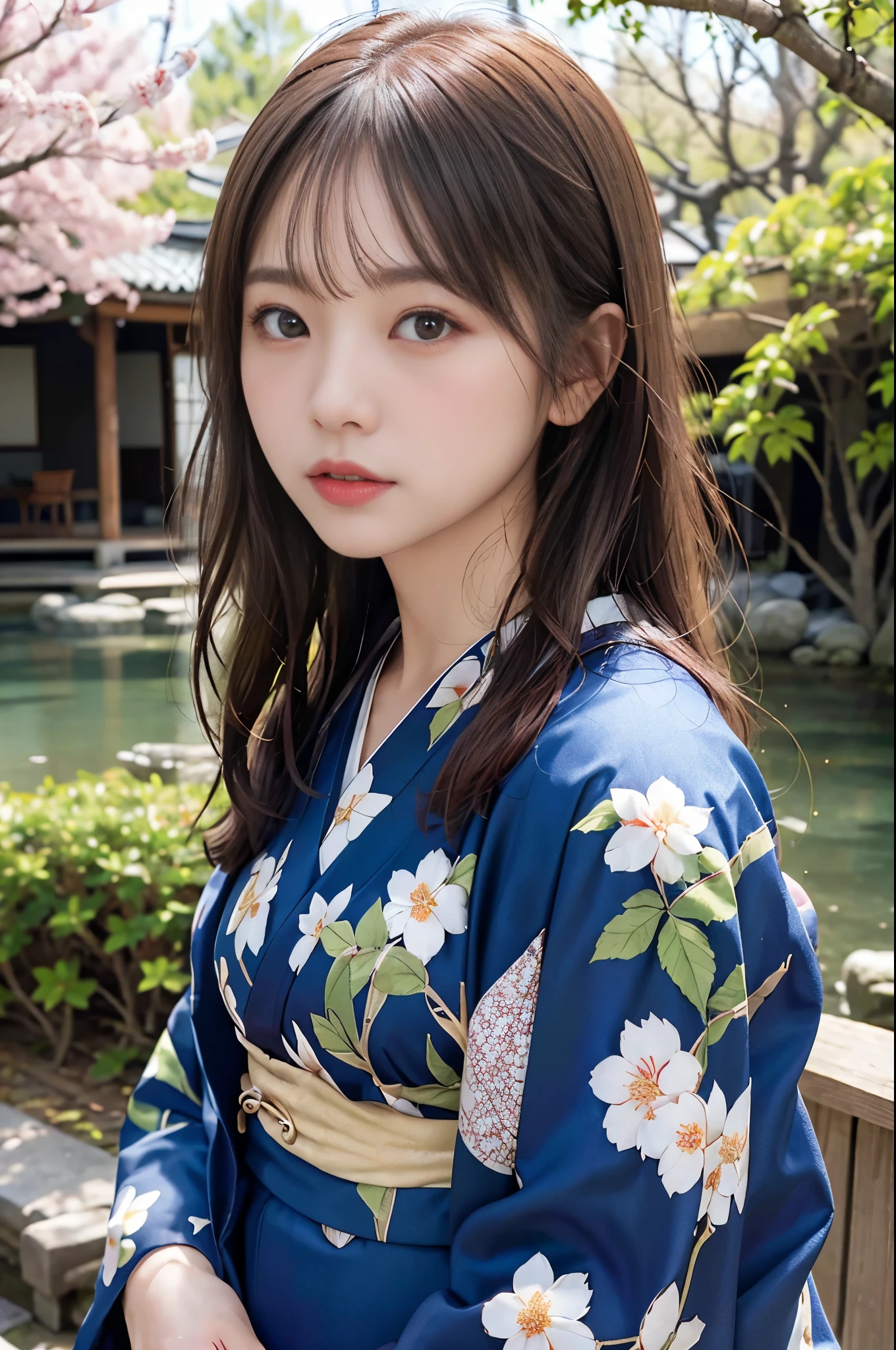 ((masterpiece,best quality 1.4)), (8k,RAW photo:1.2), (realistic,photo realistic:1.4), ultra high resolution , (Highly detailed 8k wallpaper) ,japanese idol, Japanese actress, Japanese, very cute, Big eyes, highly detailed eyes and face, Beautiful eyes in every detail,shiny skin,portrait,(medium hair and straight hair :1.3), professional lighting, sharp focus, Depth of written boundary , (dynamite angel:1.3). blur background, Bokeh, (Kimono with gorgeous patterns) ：A peaceful Japanese garden in spring, featuring a stone path winding through moss-covered ground, with cherry blossoms overhead and a traditional tea house in the distance.
