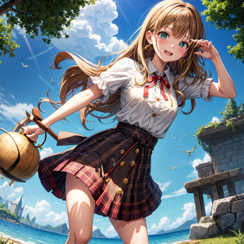 reddish-brown blonde、green eyes、one good looking girl、solo、anime、plaid mini skirt、the skirt has buttons、camisole、black t-shirt、dress、wearing a ribbon、ribbon at waist、cloak、hood、clouds are swirling、stone slabs are piled up、one hand raised、crystal earrings、sun、gold coins are falling、teeth are visible、splash of water、monster castle、have a world map、bow、Swing、ceiling、frying pan、graffiti、scarecrow