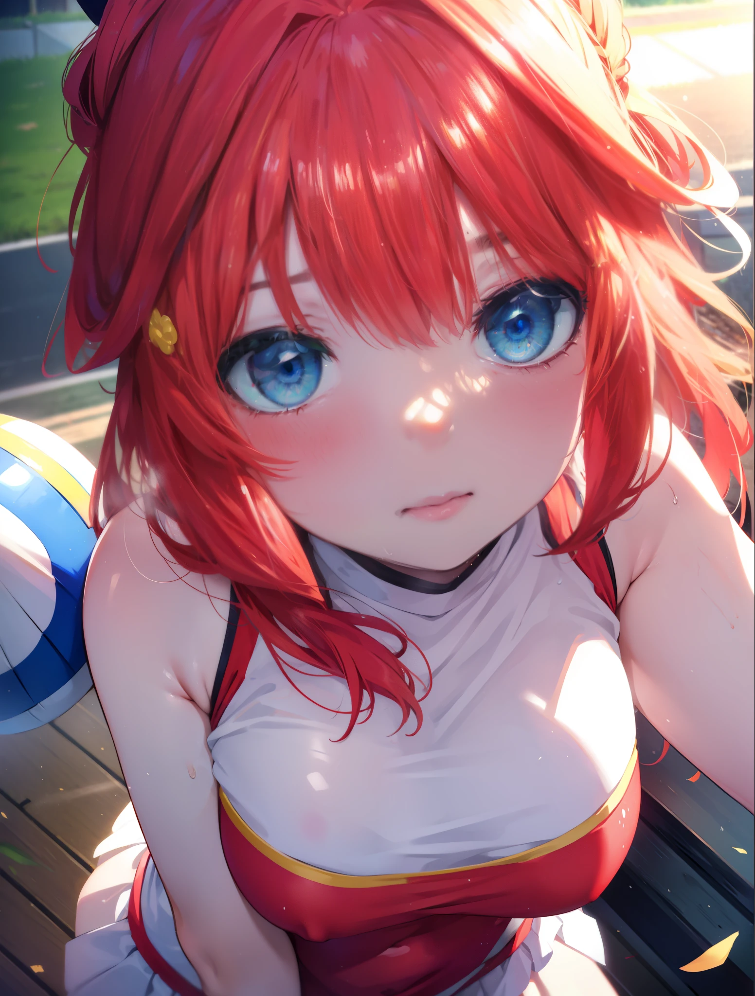 Satsuki Nakano, Itsuki Nakano, pom pomを両手で持っている,blush,open your mouth,smile,bangs, blue eyes, hair between eyes, Ahoge, redhead, star \(symbol\), hair ornaments, star hair ornaments,Braid,(Very delicate eyes), (Cheerleader), (whole body), big breasts, lower, (sweaty), sweaty Wet Clothes, (red clothes), , navel support, playground, (jump), (jump), 足を曲げてjumpする, air, blue sky, Grass原, smileのCheerleader, pom pom \(Cheerleader\), Grass,
break outdoors, big arena(Visitors have),playground,
break (masterpiece:1.2), highest quality, High resolution, unity 8k wallpaper, (shape:0.8), (beautiful and detailed eyes:1.6), highly detailed face, perfect lighting, Very detailed CG, (perfect hands, perfect anatomy),