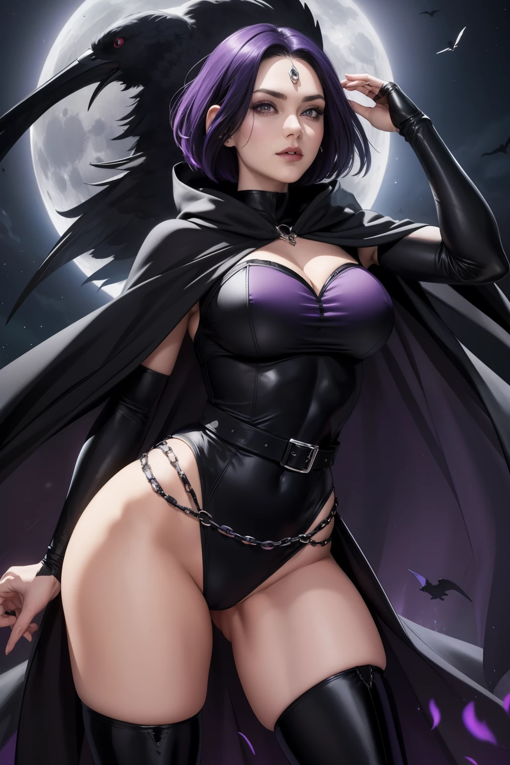 1girl, raven, black leotard, black cape, hood, purple hair, forehead jewel, purple eyes, short hair, belt, skin tight, standing, cleavage, toned, breasts, pose, night, moonlight, ((posing)), motion lines, torso, upper body, portrait, b&w. outline, perfect face, perfect hands, perfect finger, in style of tarot card