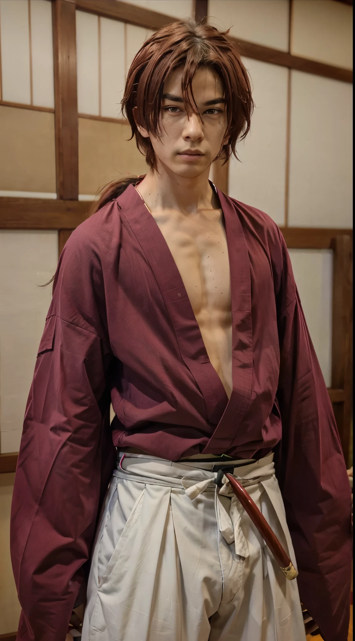 SamuraiXjapan man, 
solo, red long hair, 1boy, ponytail,  male focus, long red hair, japanese clothes,  kimono, scar, katana, sheath, scar on face, sheathed, unsheathing, samurai, 
