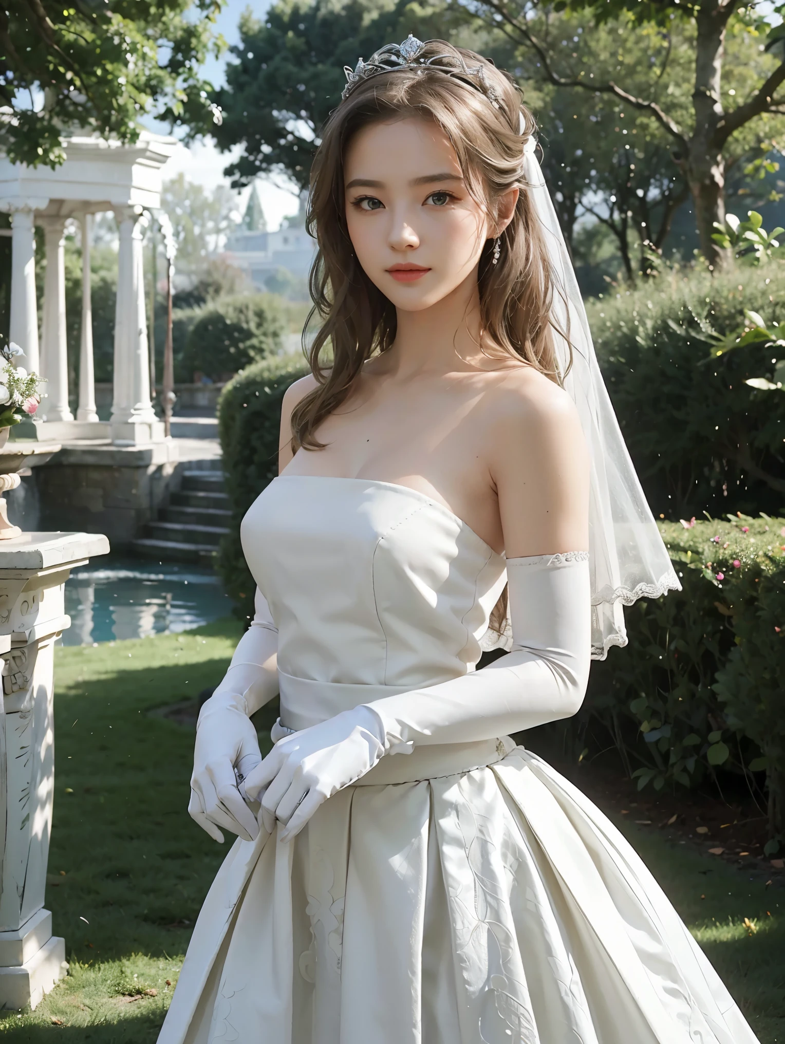 masterpiece, best quality, , 1 girl, alone, looking at the audience, , depth of field, Asia_silver, blonde hair, green eyes, Gloves, skirt, split, bare shoulders, clavicle, elbow Gloves, white Gloves, white skirt, Strapless, crown, veil, Strapless skirt, wedding skirt, bridal veil, beautiful woman, Perfect body, perfect breasts, wearing a wedding skirt, Prom dress, in the garden of trees, wedding decorations, looking at the audience, a little smile , realism, masterpiece, textured skin, Ultra-detailed, high detail, high quality, best quality, 1080p, 16k