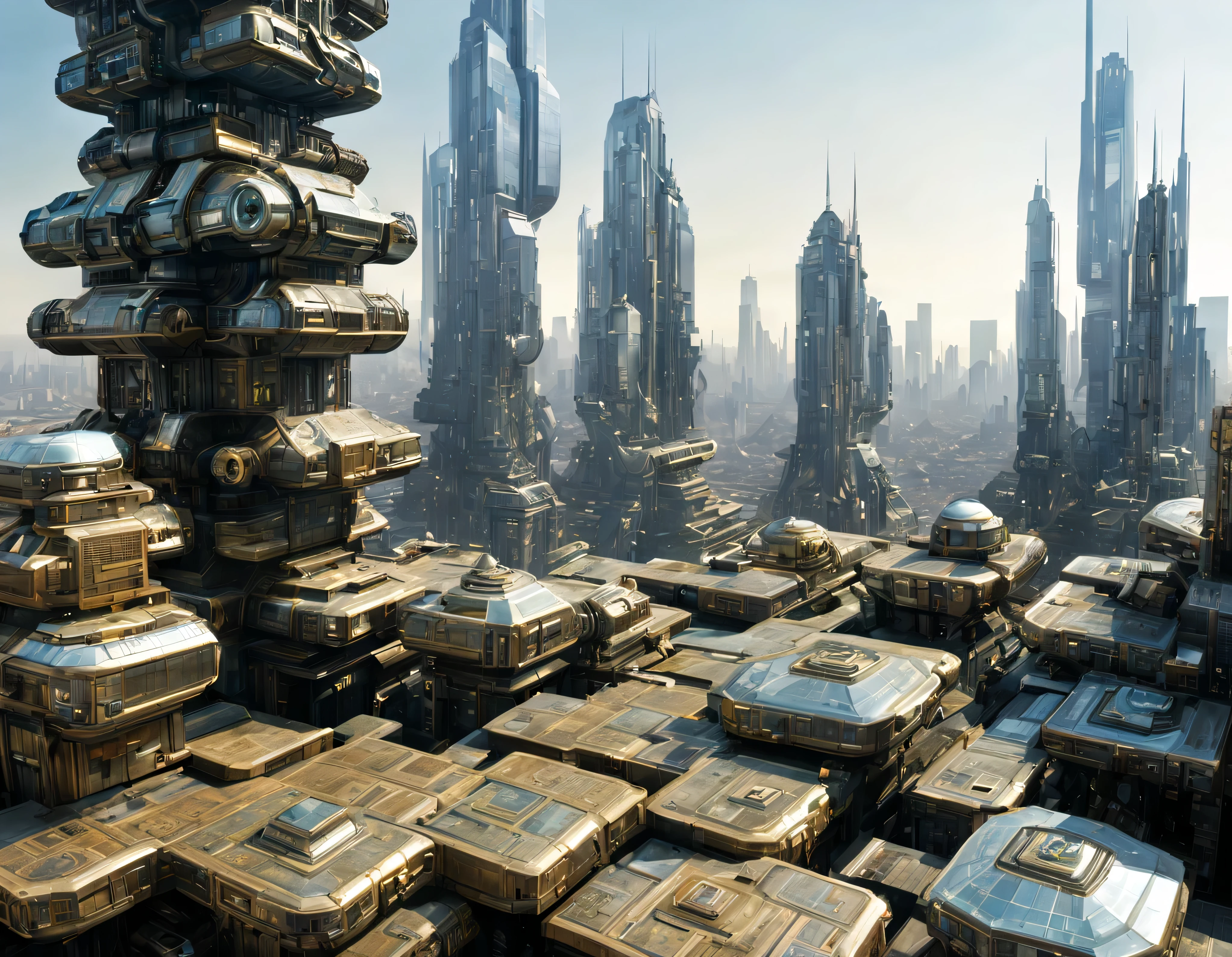 plaza of a megacity, highly technological megalopolis in its design and structure corresponding to the 30th century, vista desde una terraza, con inmensos edificios piramidales y octogonales de metal y cristal donde predominan el oro, la plata y el bronce y cristales de diamantes de diversos colores. dull pavement, poca gente paseando, similar a Coruscant, imagen bien definida 8k, (intrincados detalles de la maquina), con muchos edificios juntos.(obra maestra de superior calidad).(imagen fotorrealista), nitidez absoluta con fondo detallado.