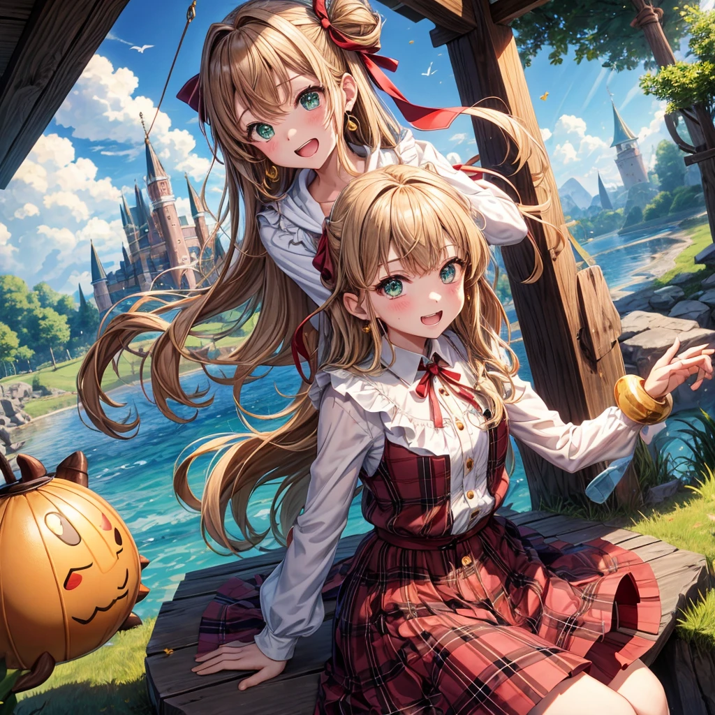 reddish-brown blonde、green eyes、one good looking girl、solo、anime、plaid mini skirt、the skirt has buttons、camisole、black t-shirt、dress、wearing a ribbon、ribbon at waist、cloak、hood、clouds are swirling、stone slabs are piled up、one hand raised、crystal earrings、sun、gold coins are falling、teeth are visible、splash of water、monster castle、have a world map、bow、Swing、ceiling、frying pan、graffiti、scarecrow、heart